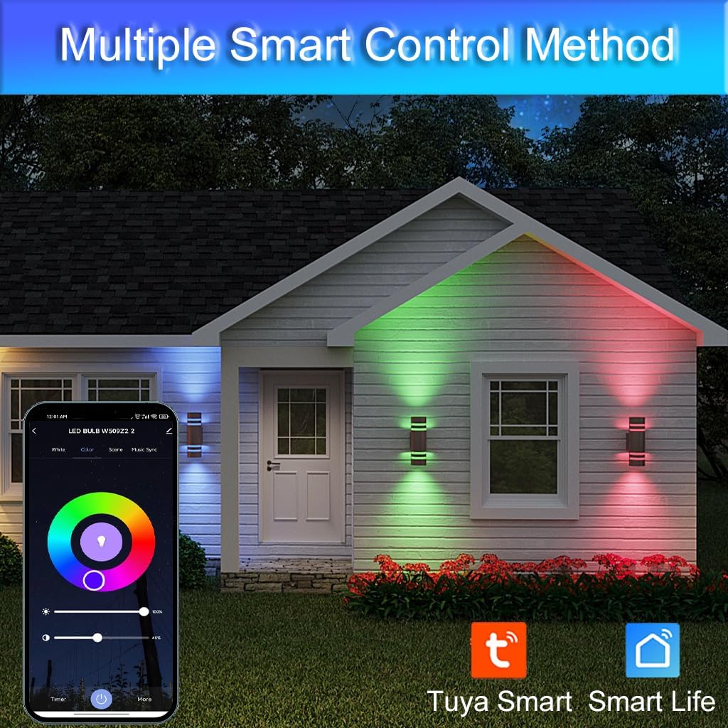 RGB Outdoor Wall Lights, Modern Color Changing Outdoor Wall Sconce, Cylinder Up and Down Bronze Porch Lights Fixture, Compatible with Smart Life & Google Alexa,for Garage,Yard,Front Door