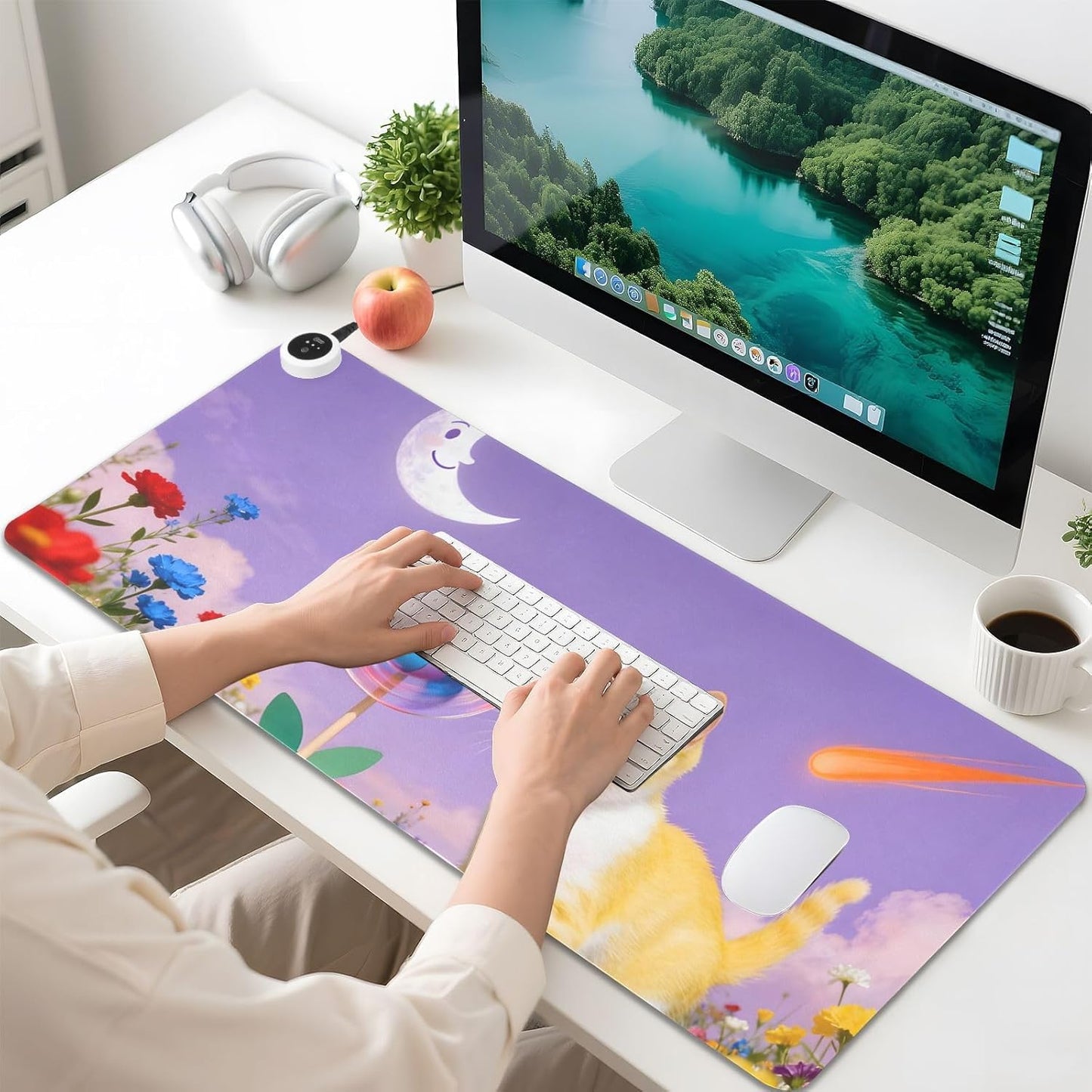 Large Heated Mouse Pad,Leather Desk Mat,31.5"x13",Hand Warmer Pads for Desk,Cat(Purple Yellow)