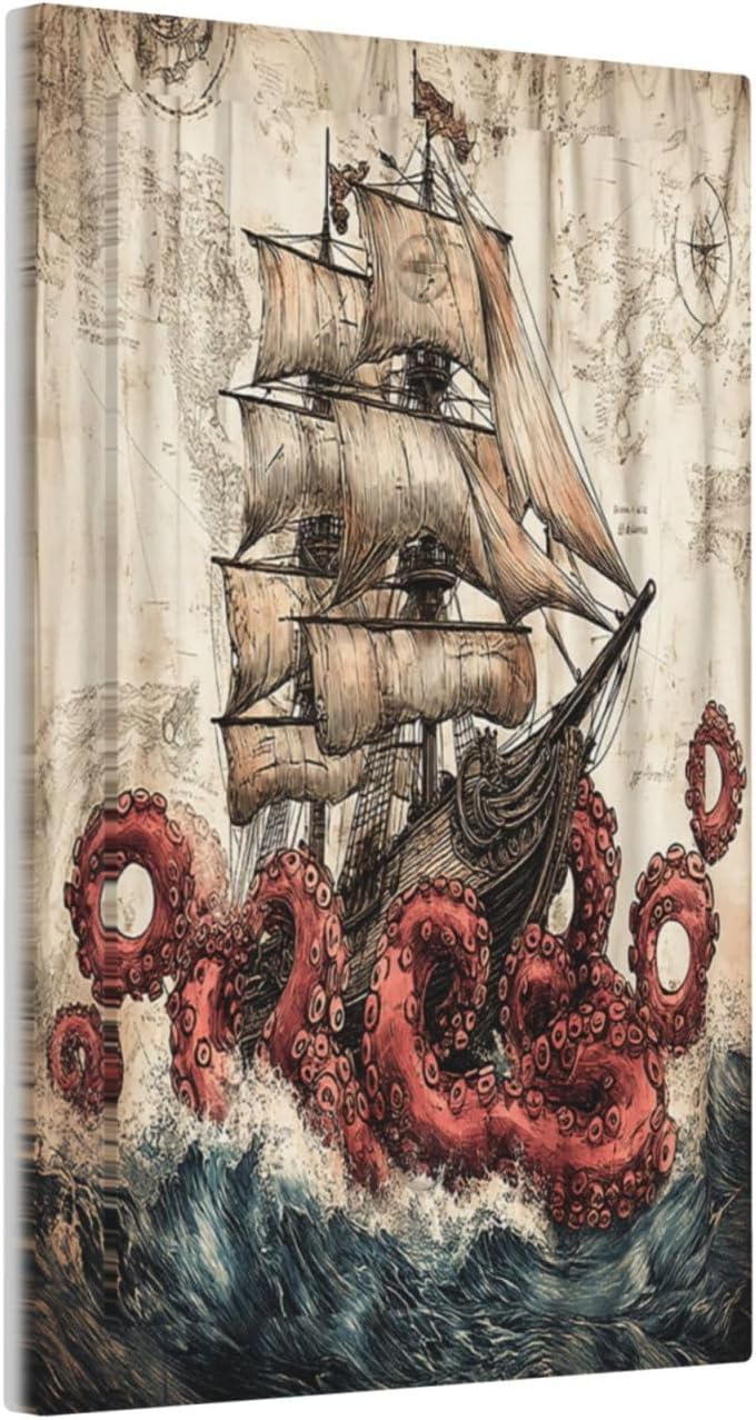 Light Switch Cover Plate Vintage Octopus Ocean Sailboat Bizarre Adventure 1 Gang No Device Blank Electrical Wall Plates Faceplate Decorative Switch Plate for Bathroom Kids room Decor