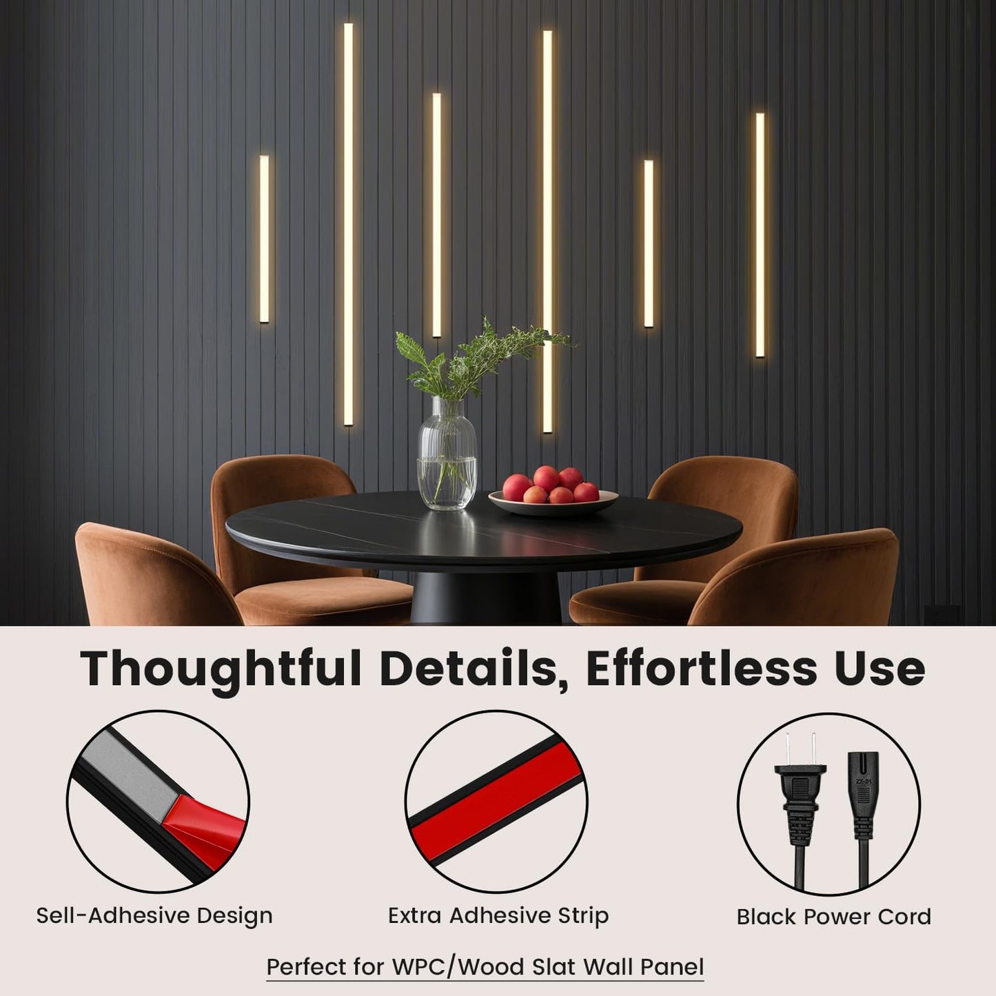 Slat Wall Lights - GloryAir 6pcs Black Adhesive Wall Panel Lights for Interior Wall Decor, Warm White 3000K Touchable Switch LED Lamp for Wood Slat Acoustic Panels, Headboard, Stairway, Home Decor