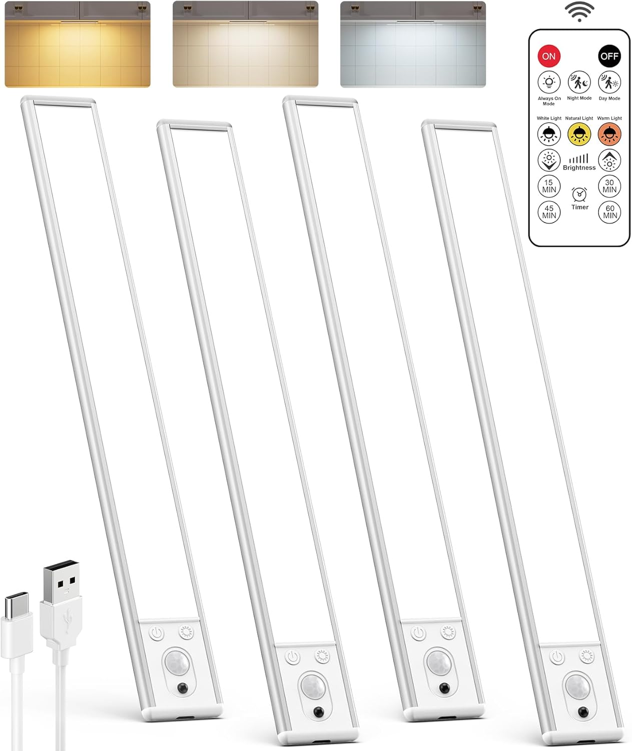 Under Cabinet Lighting Wireless, Rechargeable 62 LED Motion Sensor Light Indoor, 3 Color Temps Closet Lights with Remote Control, Dimmable Magnetic Under Counter Lights for Kitchen, Stairs, 4 Pack