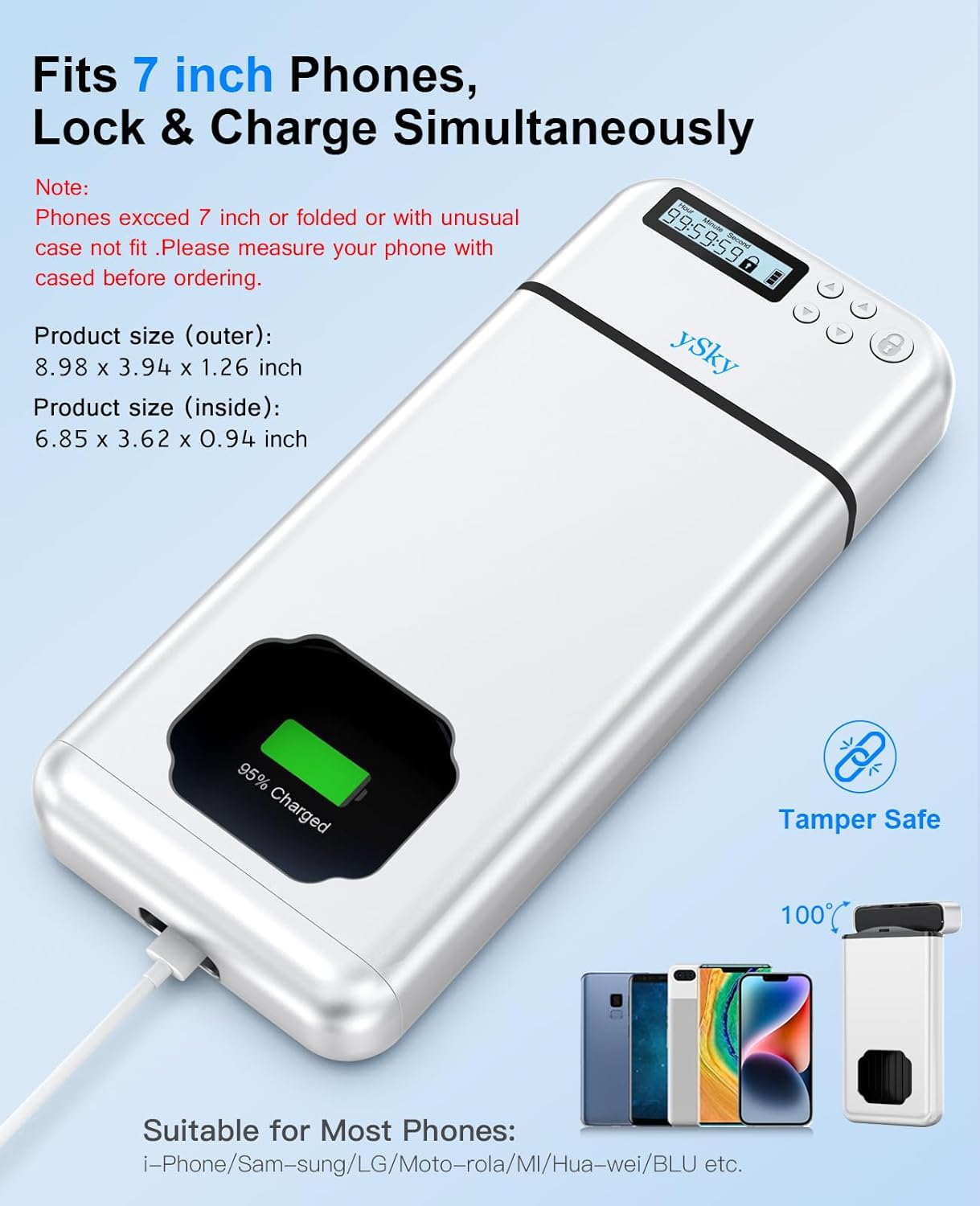 ySky Metal Phone Lock Box with Timer,Portable Timed Phone Lock Box for iPhone and Android Phones, Self-Control Timer Phone Locker to Help Kids,Students, Adults Focus Back, Phone Jail Box