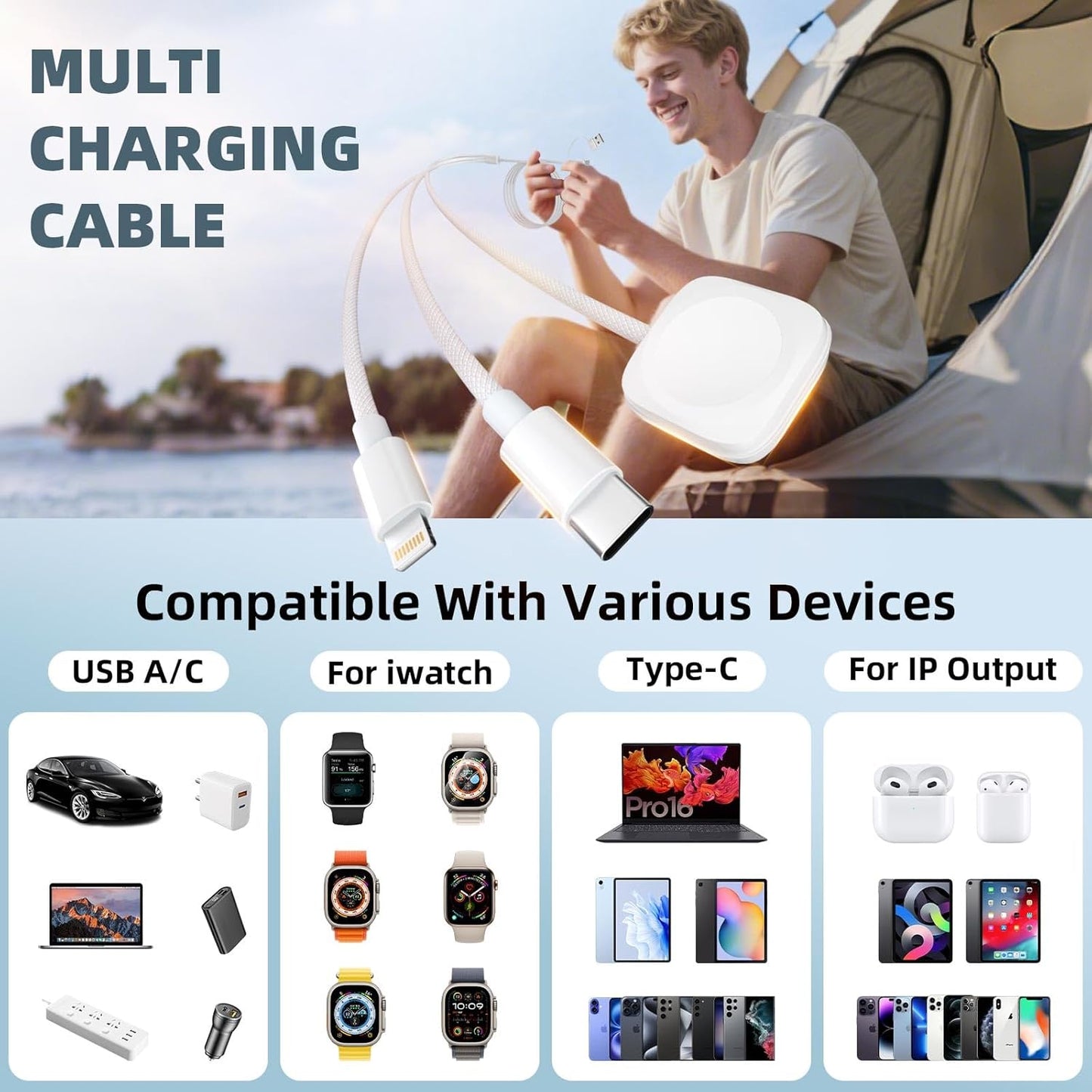 Travel Charger for Apple Watch, 3 in 2 Multi Charging Cable/Cord with Lightning/USB C/iWatch Charger, Travel Chargers for Multiple Devices, Compatible with iWatch Series/iPhone 17-8/iPad/AirPods 4FT