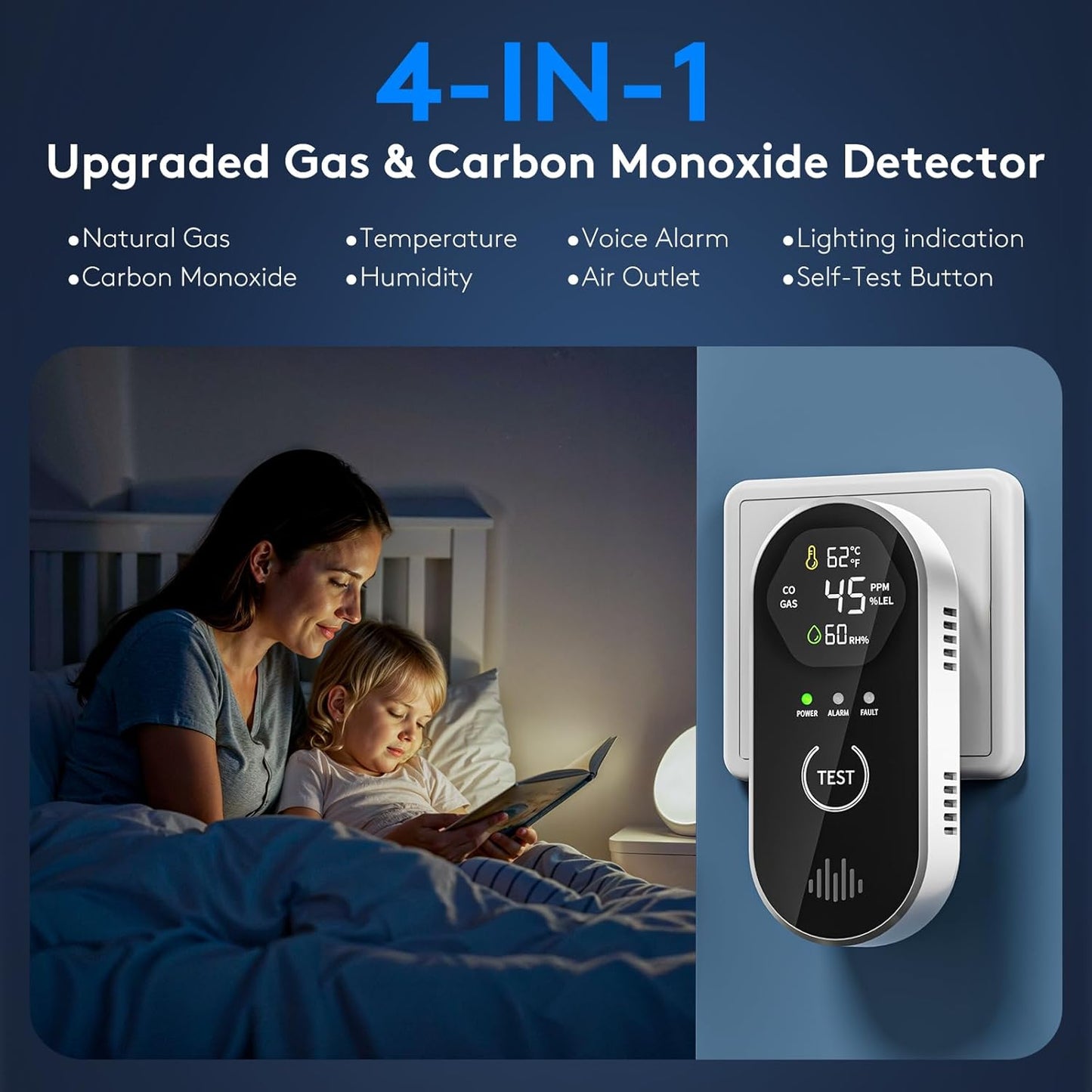 Carbon Monoxide Detectors Plug in, 4-in-1 CO & Natural Gas Leak Detector, 85dB Loud Alarm, Digital Display, Portable, Easy Install, Suitable for Home, RV, Camper, Ensures Peace of Mind