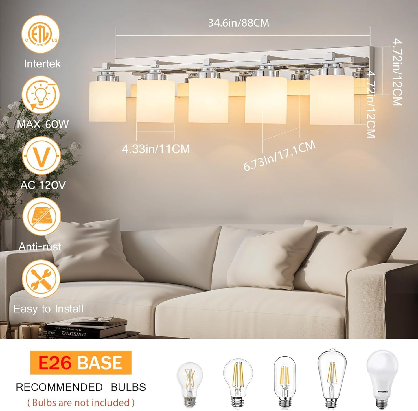 5 Light Modern Bathroom Light Fixtures Over Mirror, Chrome Vanity Lights for Bathroom Wall Sconces with Milky White Glass Shades, E26 Socket (Bulbs Not Included)