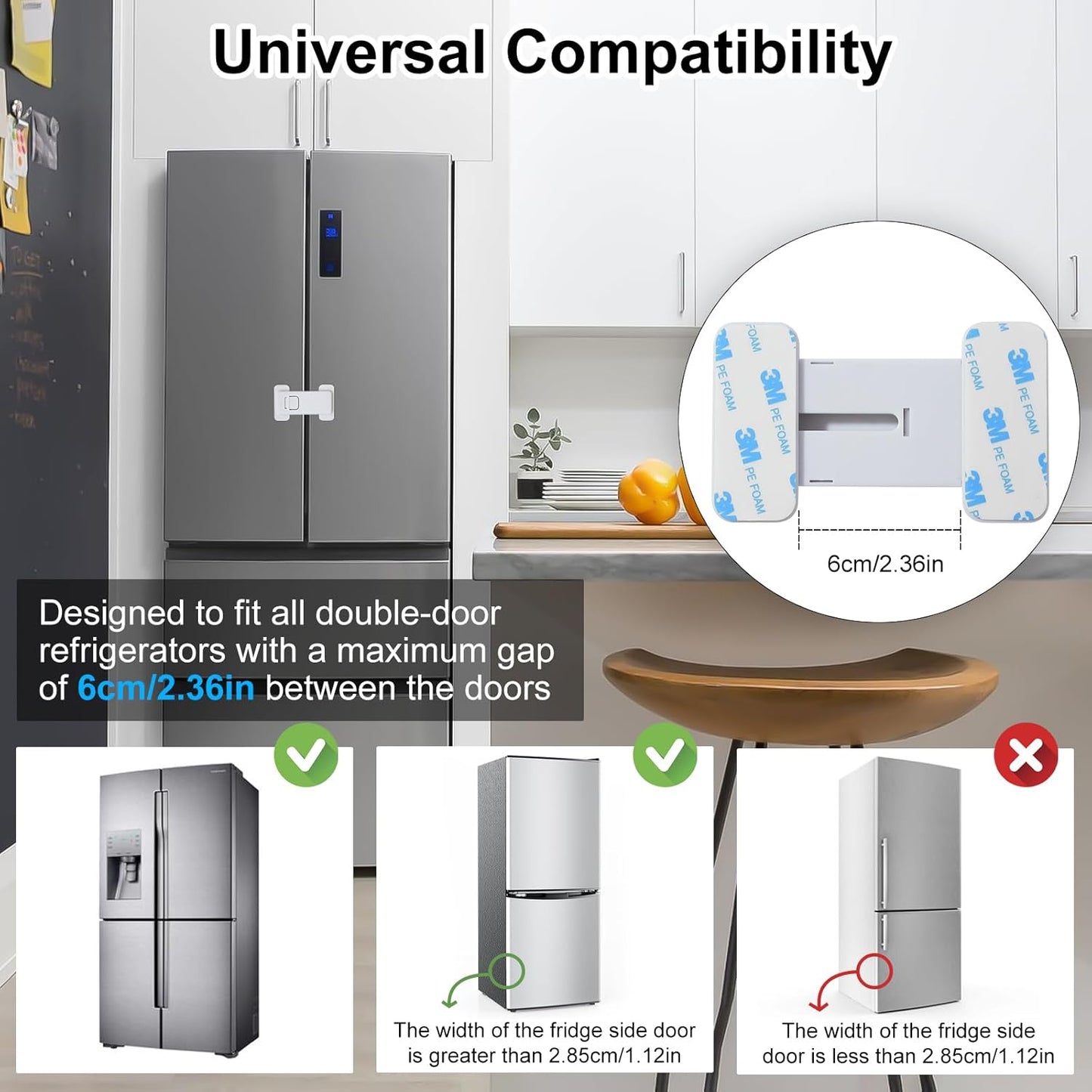 Fridge Locks for Kids, Child Proof Refrigerator Lock, Baby Safety French Fridge Door Lock, Child Cabinet Locks with Strong 3M Adhesive, No Drill, Tool-Free Install (1 Pack, White)