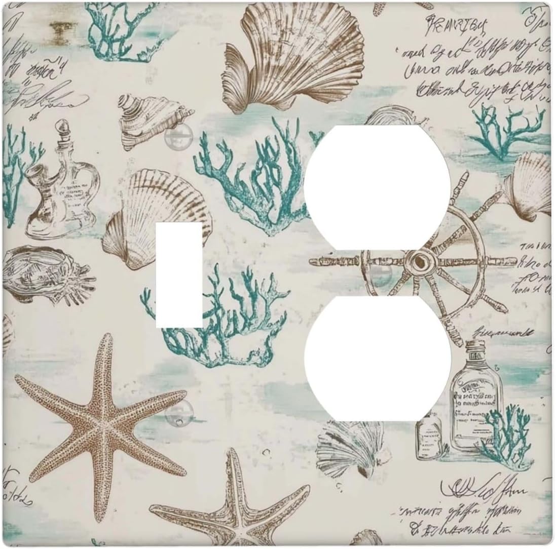 Mid Century Seashells Starfish Compass Wallplates 1 Toggle 1 Duplex Switch Plate Electrical Gfci Faceplate Decorative Light Switch Covers For Nursery Kids Room Decor