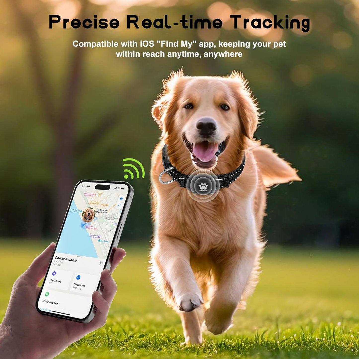 GPS Dog Collar Tracker 2-in-1,Reflective Waterproof Pet Collar,iOS-Only,No Monthly Fees,Unlimited Range,Ideal for Dog Tracking pet Tracker,for Small Medium Large Dogs(M (15"-20.5"), Black)