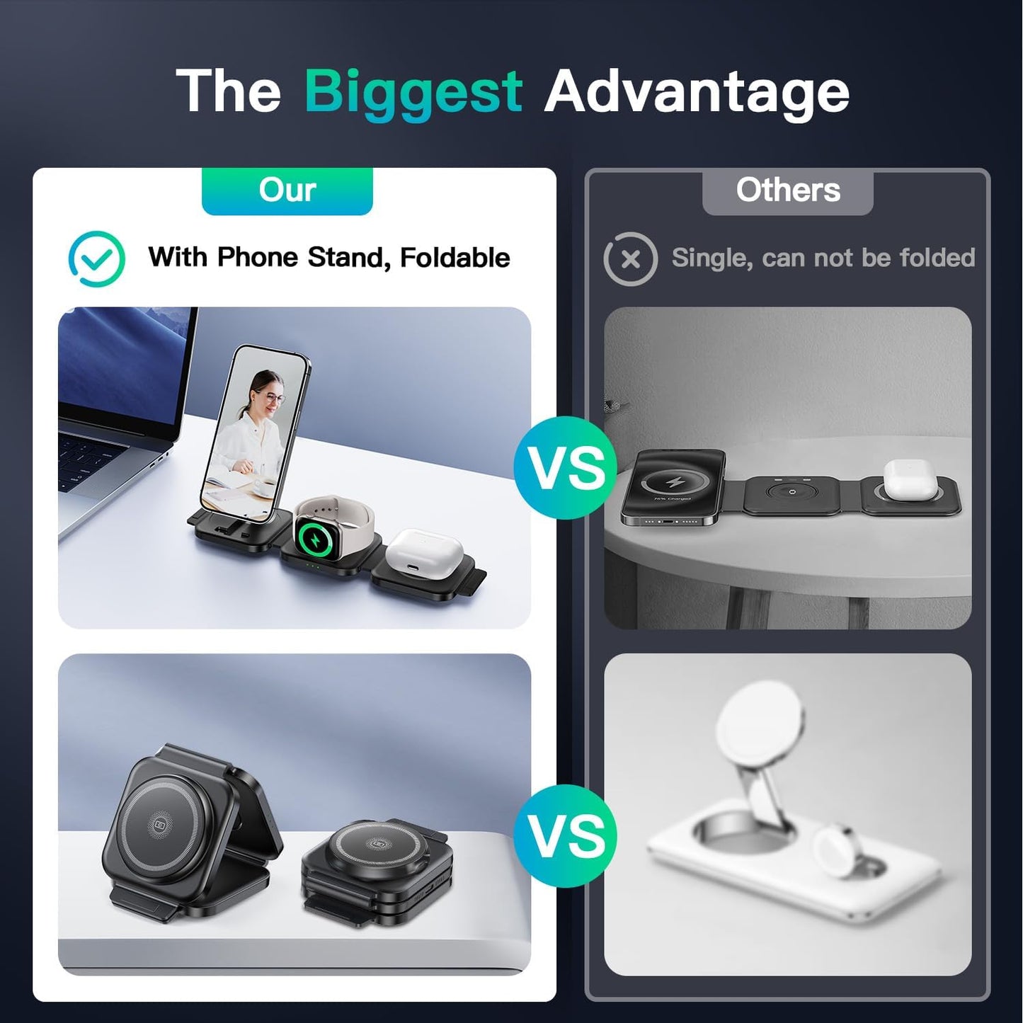 JARGO 3 in 1 Wireless Charging Station for Apple Devices, Foldable iPhone Charging Station for iPhone 17/16/15/14/13/12, Apple Watch & AirPods with Magsafe, Travel Essentials Wireless Charger (Black)