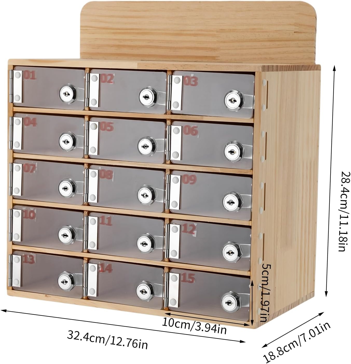 15 Slot Lockable Cell Phone Locker Box, Wall-Mounted/Freestanding Clear Acrylic & Wood Cell Phone Storage Cabinet with Door Locks and Keys for Classroom, Office, and School Employees