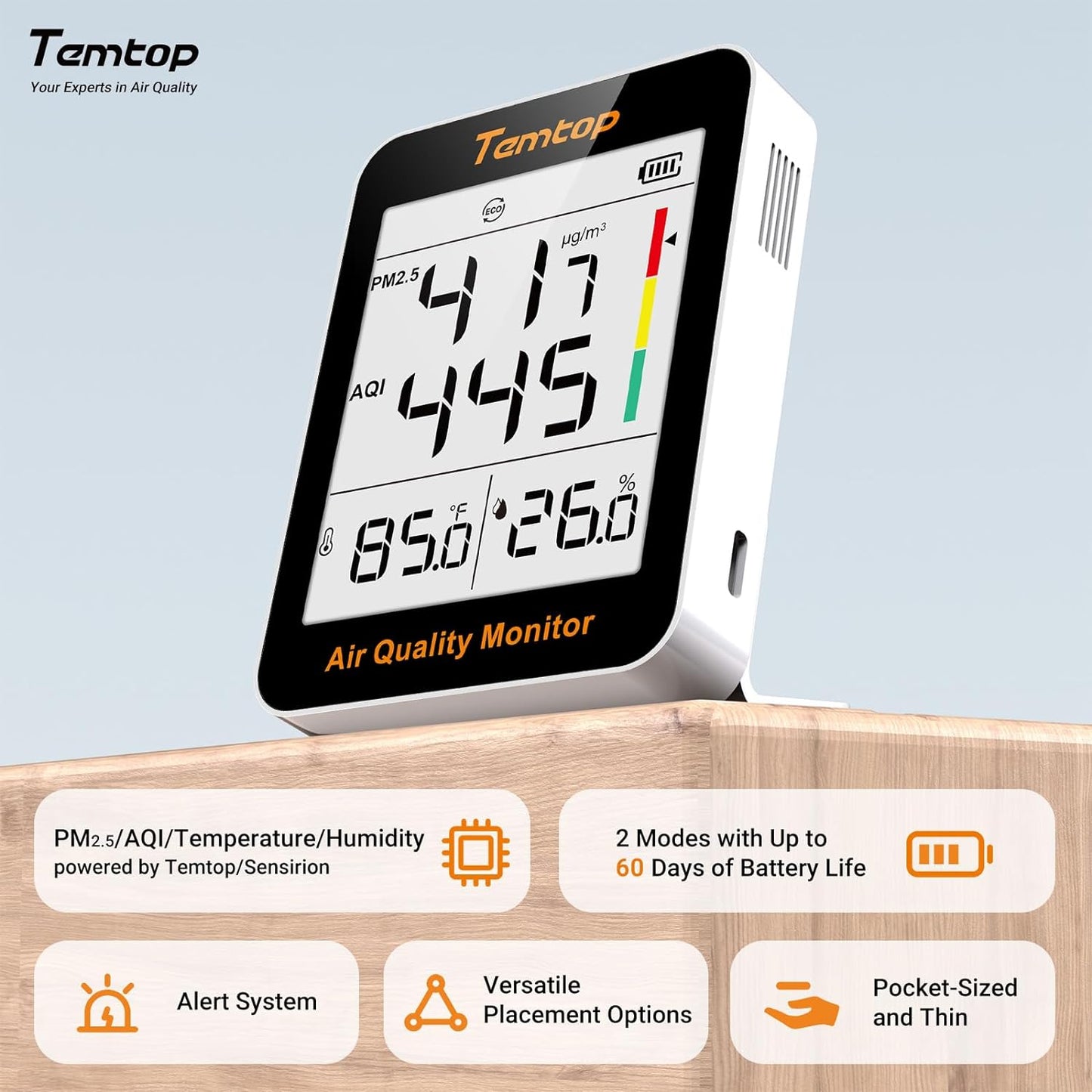 Temtop Air Quality Monitor Indoor Thermo-Hygrometer - PM2.5, AQI, Temperature, and Humidity Meter for Home, Office, or School, Air Quality Measurement, 60-Day Battery Life, S1 UP, 10-Pack