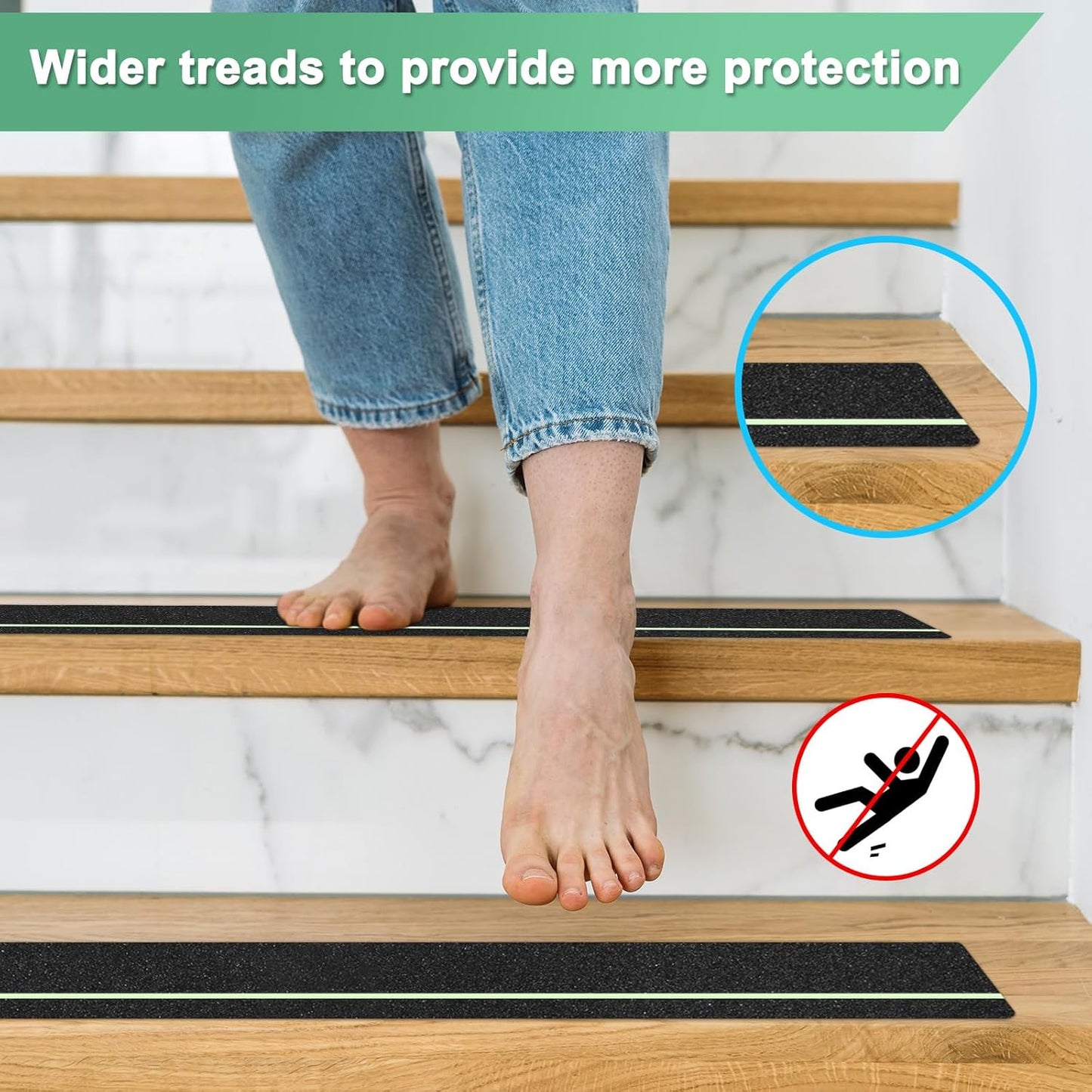 10-Pack Anti Slip Traction Tape 24" x 6" Best Grip Tape Grit with 6mm/0.24" Glow in Dark Stripe High Traction Friction Abrasive Adhesive for Indoor/Outdoor Stairs[Black+Green]