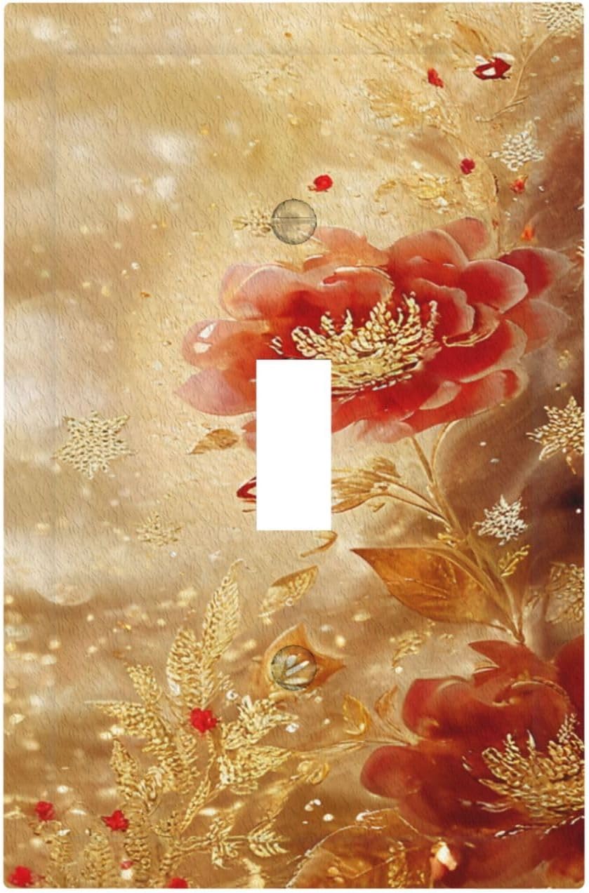 Decorative Light Switch Cover Plate Golden Leaf Red Peony Flowers Floral 1 Gang Wall Plate Oversized Single Toggle Wall Cover Plate Jumbo Electrical Switchplate Faceplate