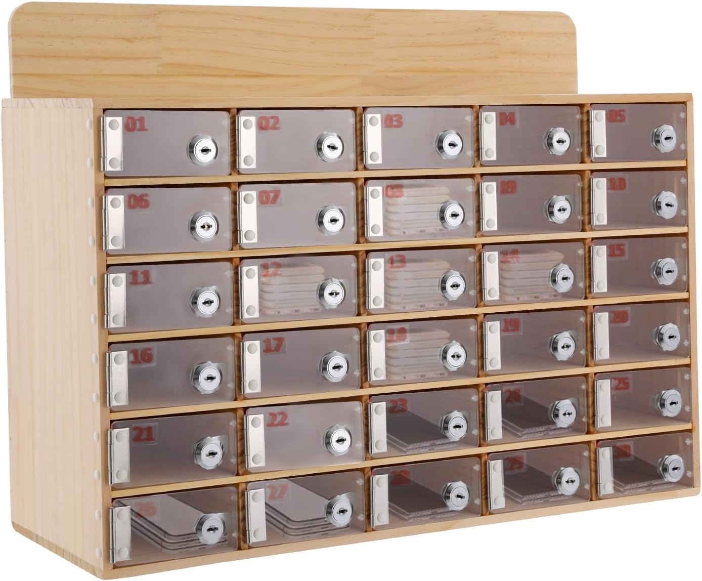 30 Slot Lockable Cell Phone Locker Box, Wall-Mounted/Freestanding Clear Acrylic & Wood Cell Phone Storage Cabinet with Door Locks and Keys for Classroom, Office, and School Employees