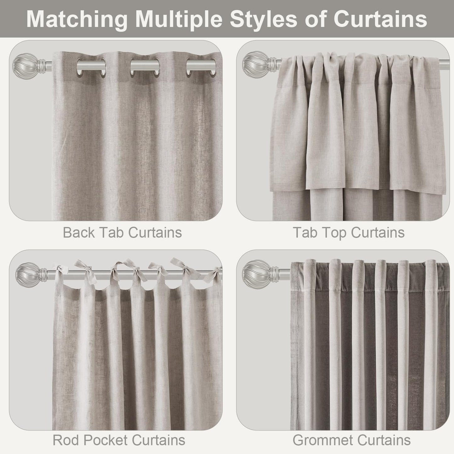 Silver Curtain Rods for Windows 48 to 84 Inch 7/8" Diamete Heavy Duty Adjustable Window Curtain Rod with Decorative Finials for Farmhouse Bedroom Living Room Kitchen Outdoor