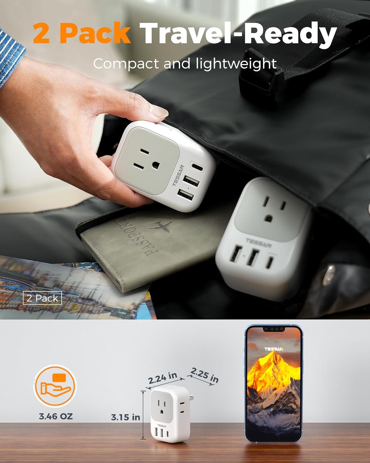 TESSAN 2 Prong to 3 Prong Outlet Adapter 2 Pack, US to Japan Plug Adapter with 4 Outlets 3 USB (1 USB-C), Outlet Adaptor US to Japan China Mexico Philippines Canada Peru Thailand Vietnam