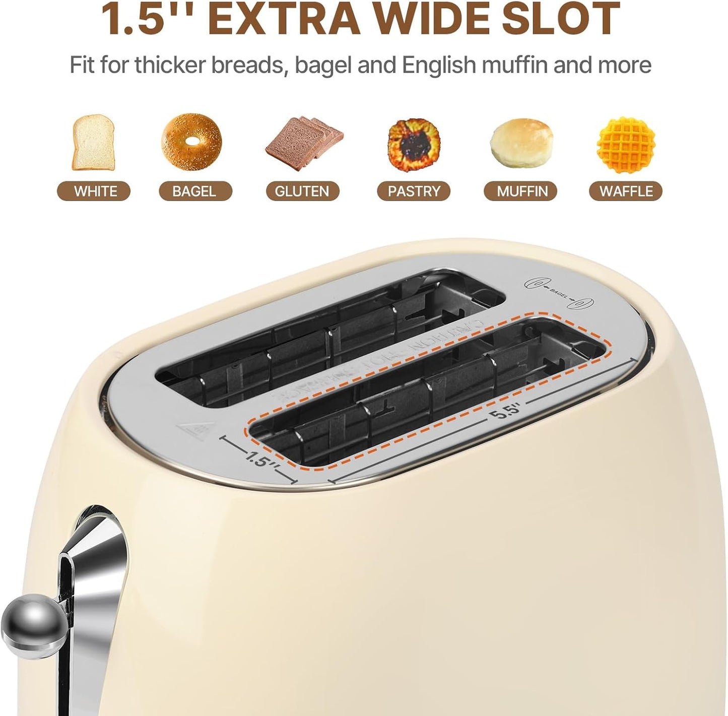 Toaster 2 Slice Smart Touch Screen, Retro 1.5'' Extra Wide Slot Stainless Steel Digital Bread Toaster with Memory Function, Bagel, Defrost, 6 Browning Levels and Removable Crumb Tray, Cream