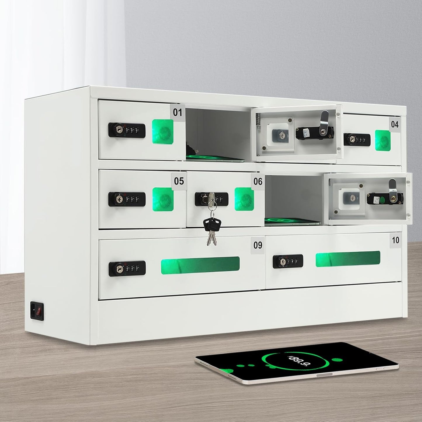 Cellphone Charging Station with Combination Lock, 10 Slots Cellphone Locker Mobile Device Phones Storage Pocket with 3-in-1 Charging Ports for Office Classroom Hotel (10 Slots)