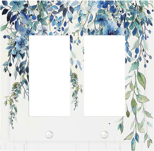 Decorative Outlet Covers Boho Vintage Flowers Blue Green Sage 2 Gang Double GFCI Rocker Electrical Wall Panels Light Switch Cover Plate for Bedroom Farmhouse Decor