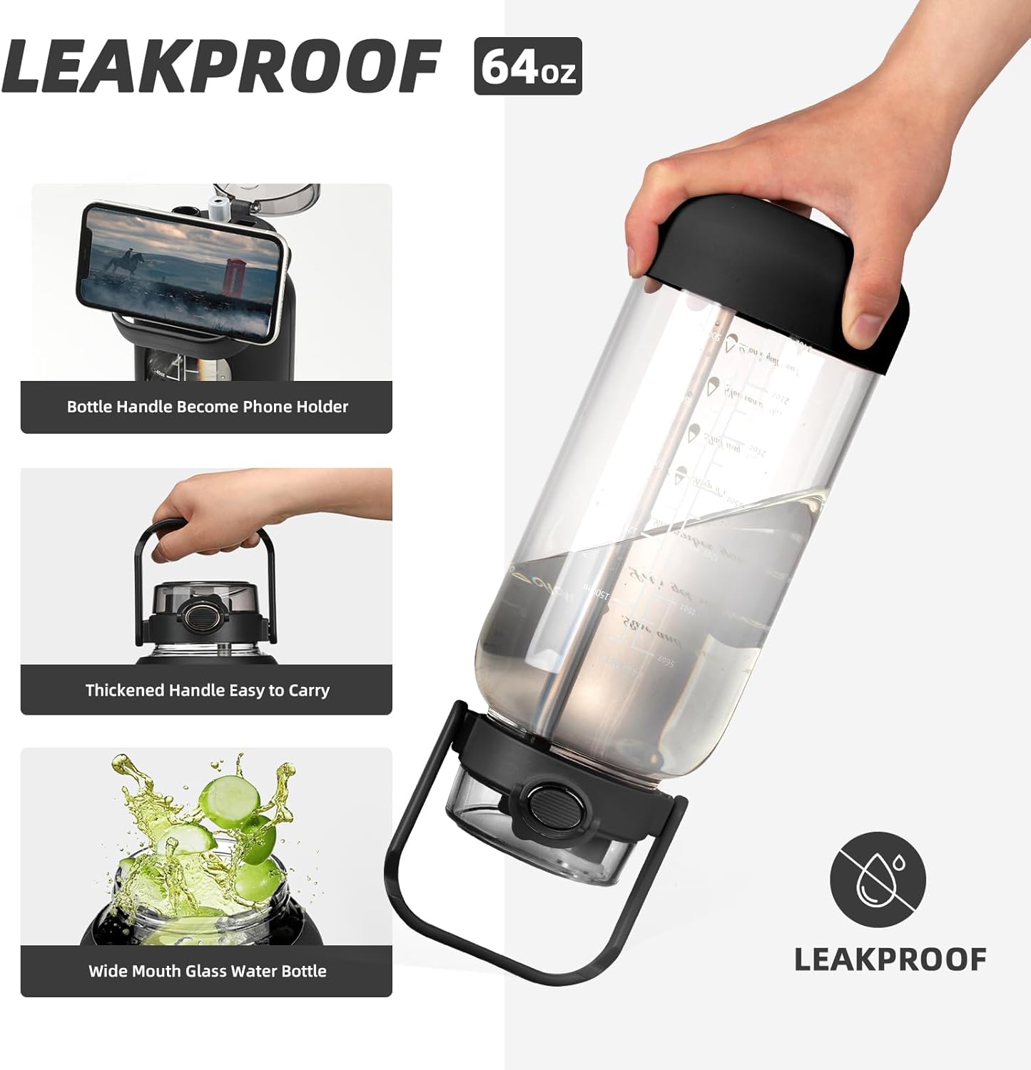 64oz Glass Water Bottle with Straw and Sleeve Half Gallon Motivational Water Bottle with Time Marke and Strap 2L Leakproof Borosilicate Reusable Water Jug for Gym Outdoors