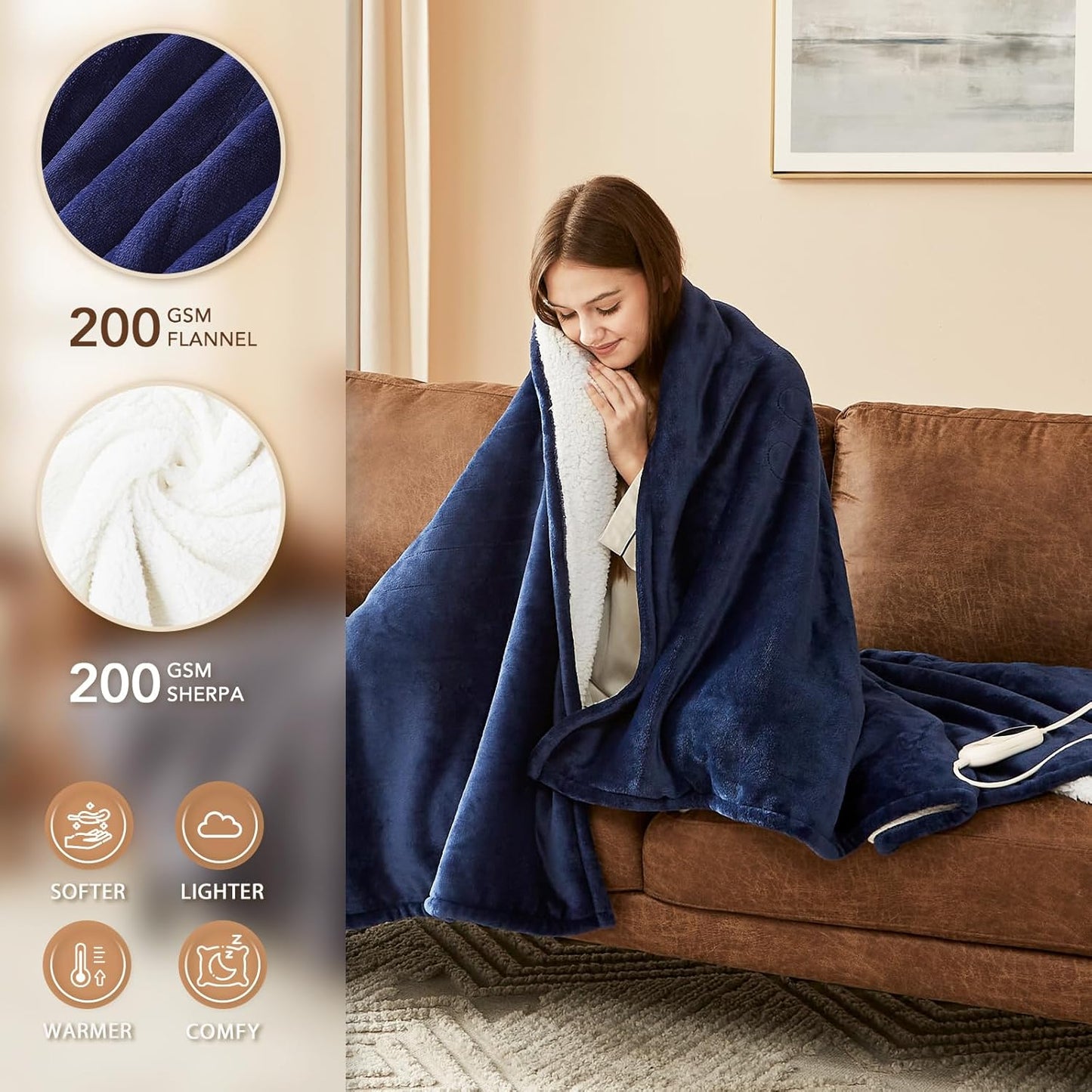Homemate Electric Heated Blanket Full Size - 72"x84" Heating Blanket Full Size 1/2/4/6/8 Hours Auto-Off 10 Heat Level Over-Heat Protection Flannel Sherpa ETL Certification