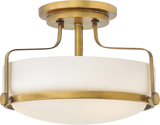 Hinkley Harper 3641HB Medium Semi-Flush Mount Ceiling Light for Kitchen, Bedroom, Bathroom, and Hallway, Sleek, Retro Style Heritage Brass and Etched Opal Glass