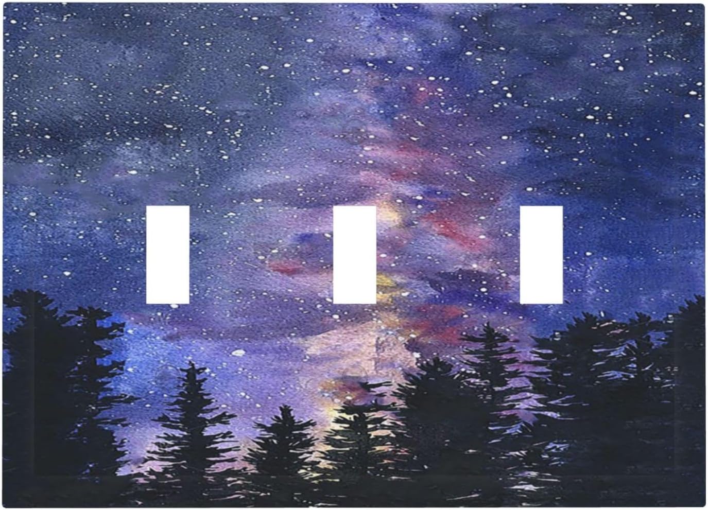 Decorative Switch Plates Dream Milky Way Starry Forest Pine Watercolor Painting 3 Gang Wall Plate Faceplate Triple Toggle Light Switch Cover Electrical Wall Panels for Bedroom Home Decor