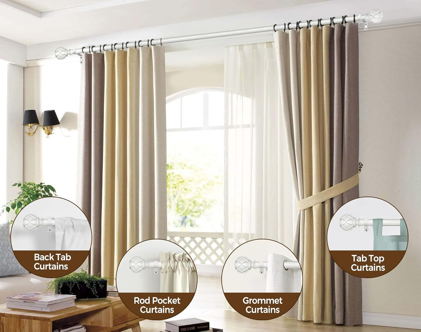 KAMANINA White Curtain Rods for Windows 72 to 144 Inches (6-12ft) Long Heavy Duty Curtain Rod, 7/8 Inch Adjustable Drapery Rods with Decorative Netted Texture Finials