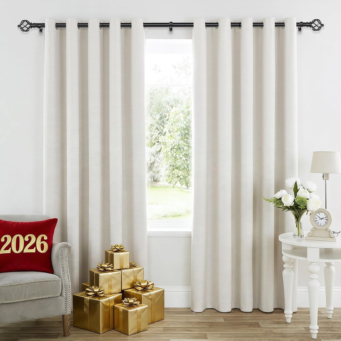 KAMANINA Black Curtain Rod 32 to 58 Inch(2.6-4.8ft), Adjustable Curtain Rods for Windows 28 to 48 Inch, 3/4 Inch Splicing Drapery Rods with Twisted Cage Finial