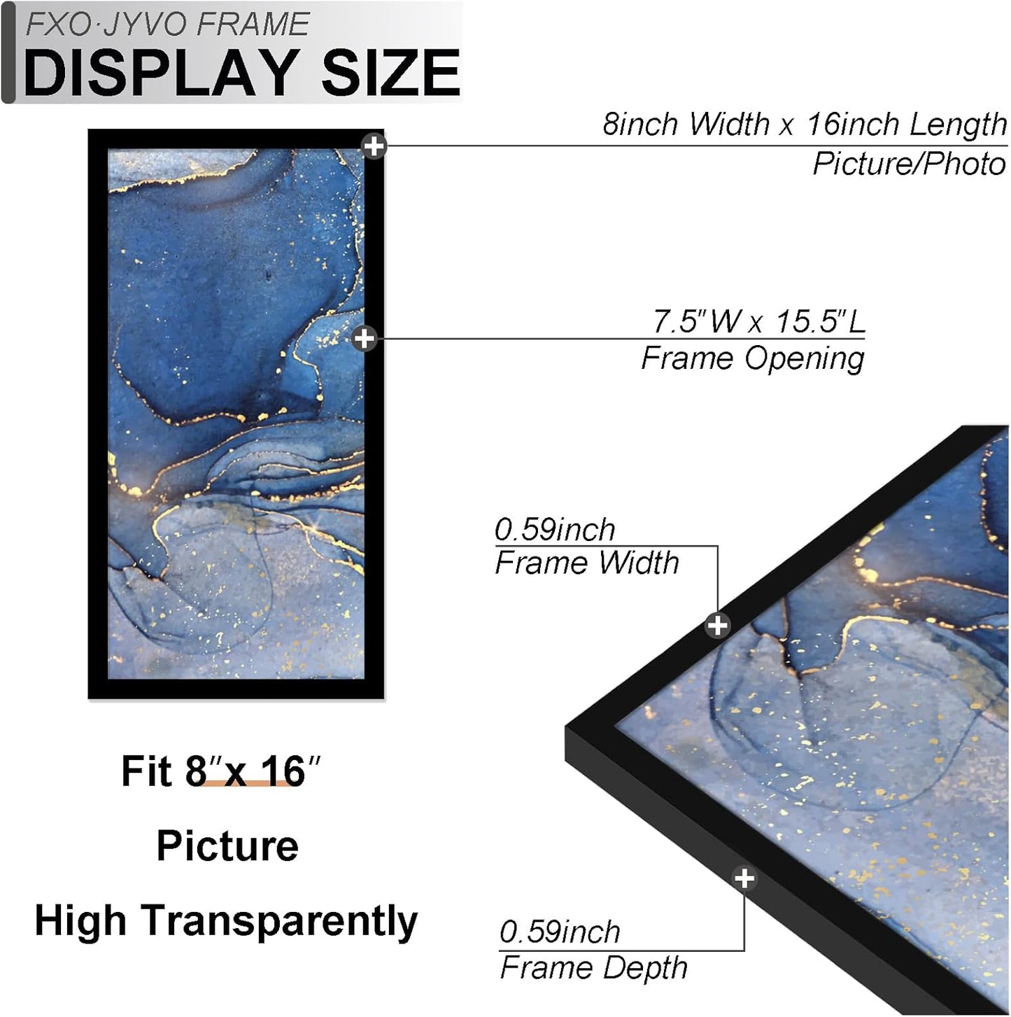 8x16 Picture Frame Set of 3, Black Frame for 8 x 16 Inch Picture Poster Photo, Light Weight and High Transparent 8 by 16 Frame for Wall - 3 Pack/Black/8"x16"