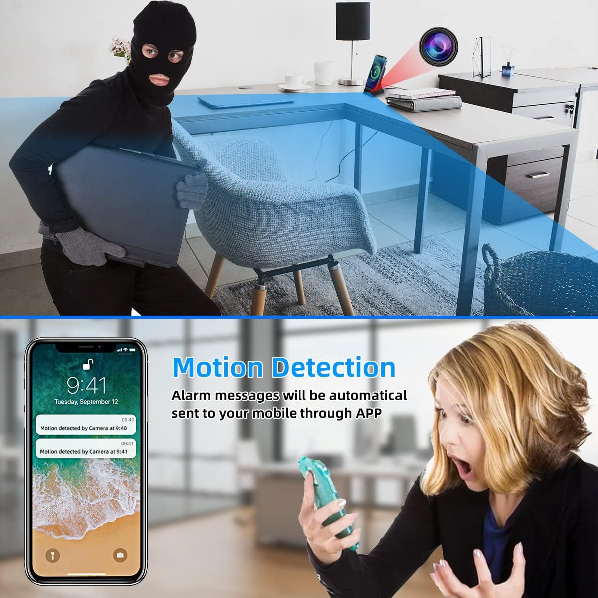LIZVIE Phone Charger, 120° Wide-Angle View App Control/Motion Detection/Night Vision/Loop SD Storage Wireless Charging 2.4G WiFi Nanny Cam for Office Indoor Security.