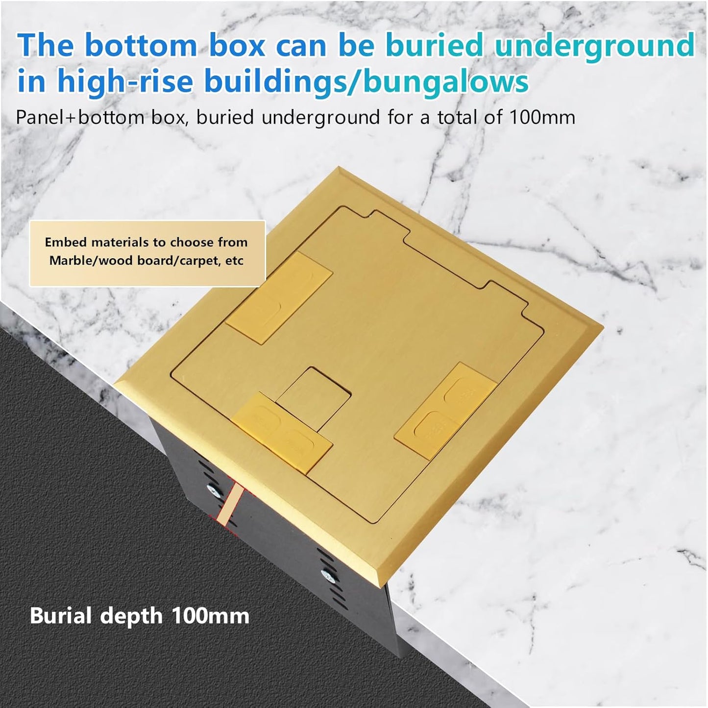 KYHSHJ Recessed Flat Hidden Socket Kit with 2 * 20 Amp Stainless Steel GFCI Tamper Receptacle Outlet+3-Port RJ45 Datacom Receptacle. Internal Height Adjustable，Corrosive Resistant Hardware，Brass