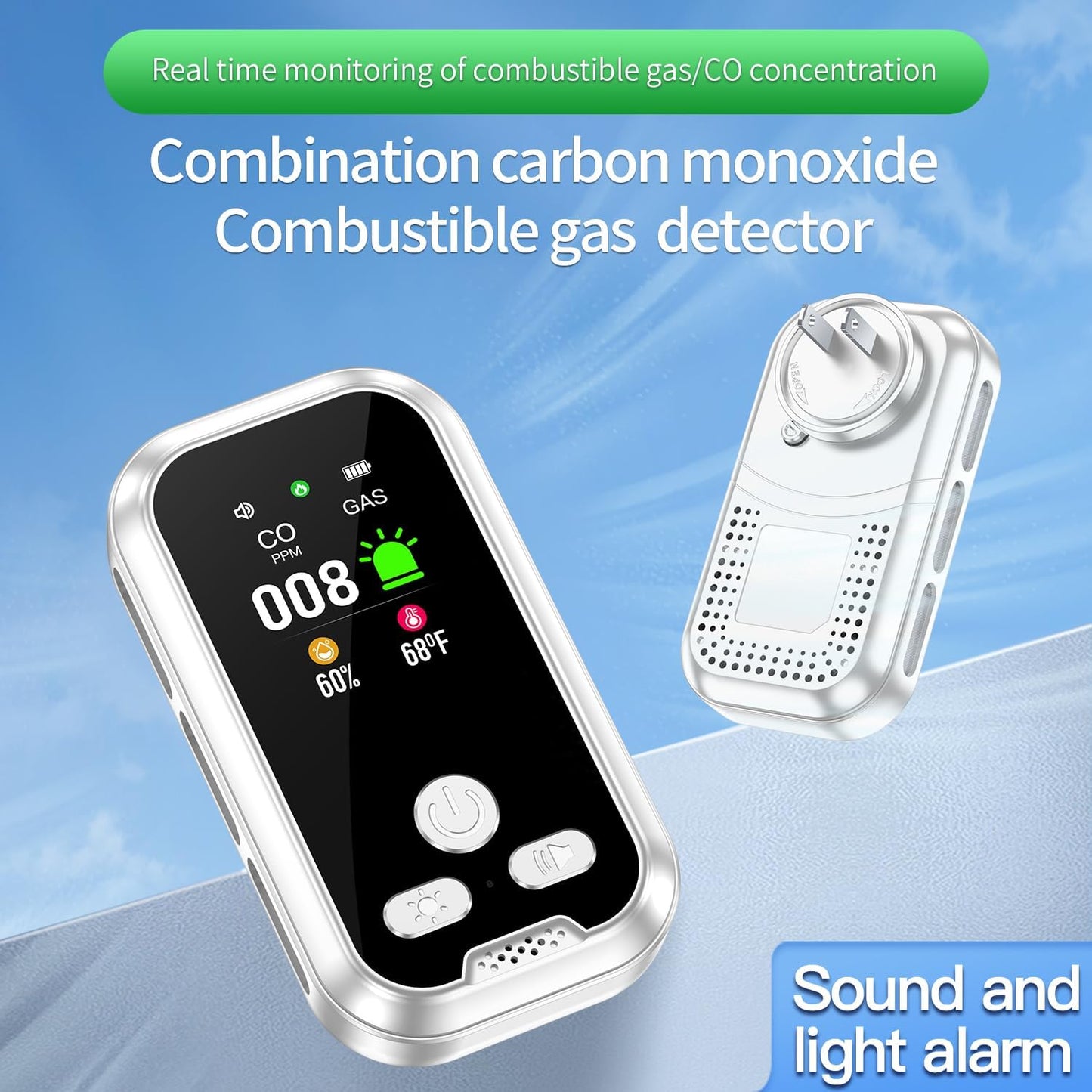 4IN1 Plug in Natural Gas & Carbon Monoxide Detectors Combination Builti-in 2000 mAh Backup Battery HD Screen [Propane Methane Gas CO Temp Humidity Sensor] Alarm for Home Hotel RV (White)