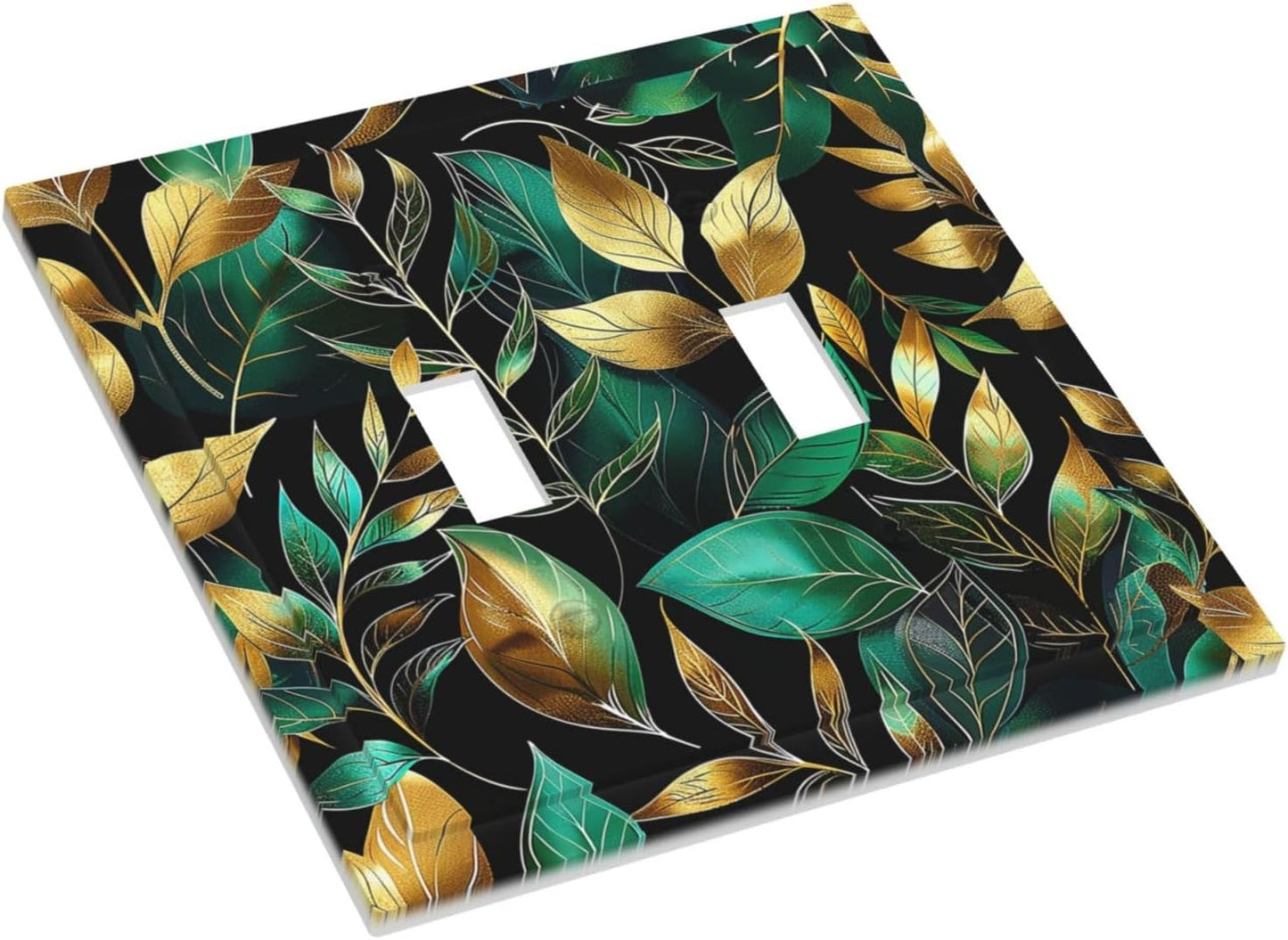 Decorative Switch Plates Vintage Dark Green Vine Leaf Golden Plants 2 Gang Double Toggle Outlet Light Switch Cover Wall Plate Electrical Faceplate for Bed Room Cabin Decor