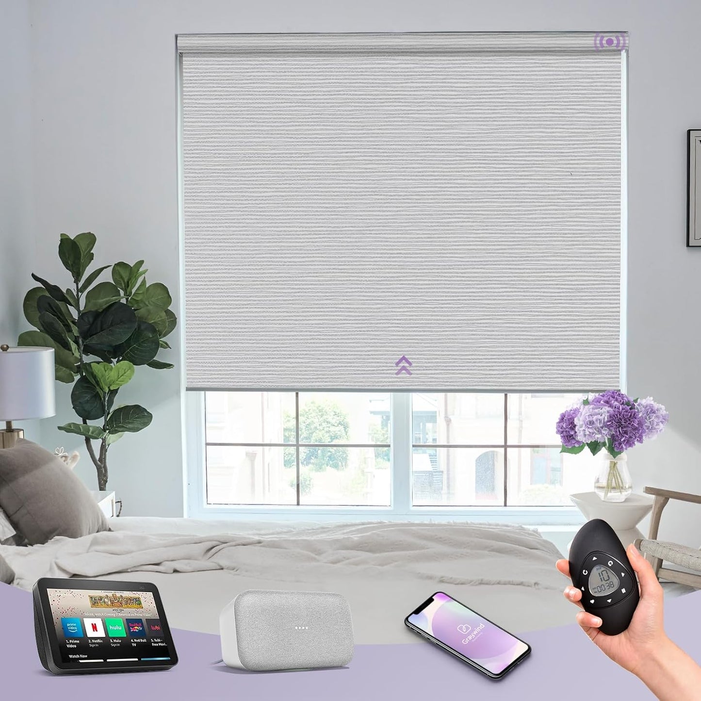 Graywind Smart Blackout Roller Shades Compatible with Alexa Google Textured Gleaming Fabric Rechargeable Motorized Blinds Cordless Remote Control Window Shades, Custom Size (Striped Light Grey)