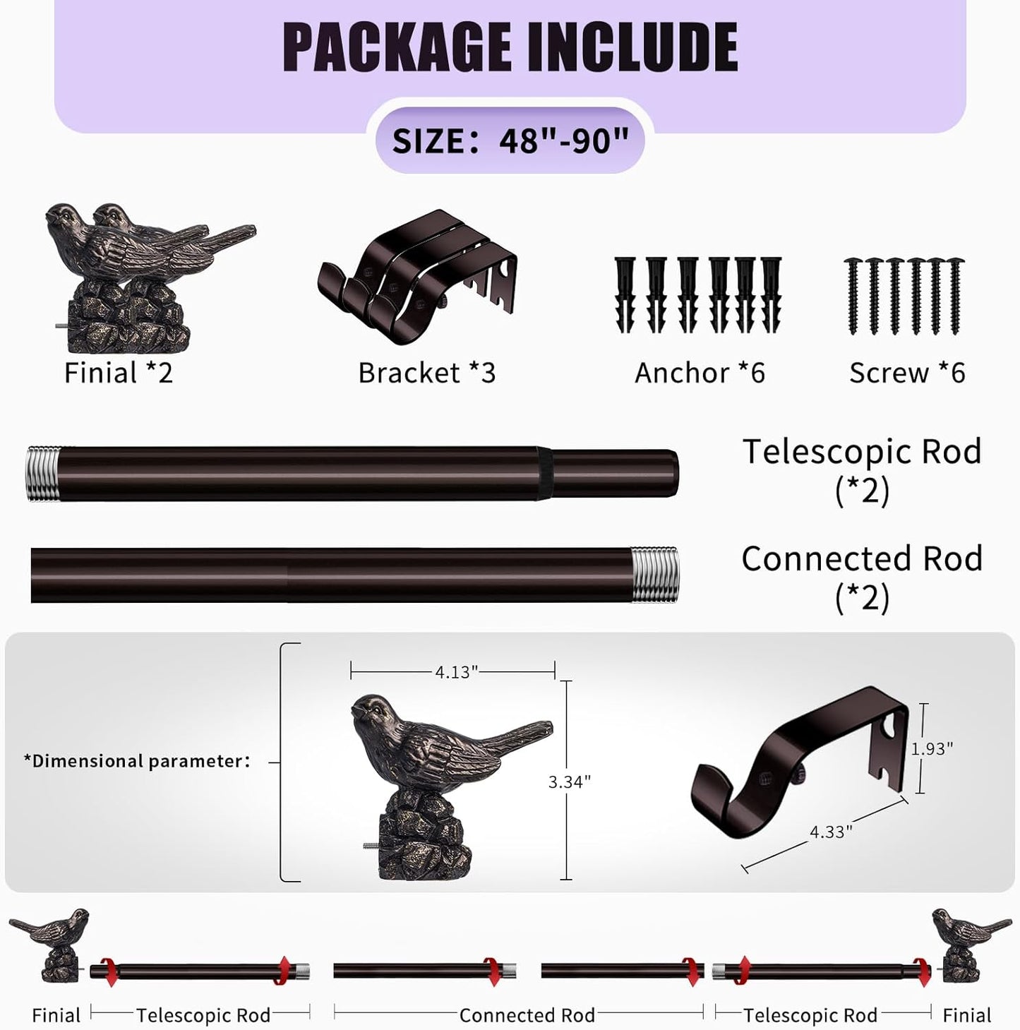 Curtain Rods 48 to 90 Inches Vintage Oil Bronze Curtain Rods for Windows Adjustable Drapery Rod with Bird Finials Heavy Duty Window Brown Curtains Rod for Living Room Bedroom