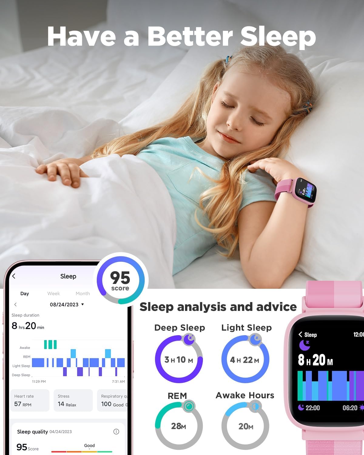 BIGGERFIVE Smart Watch for Kids, 1.8" Fitness Tracker Watch Pedometer, Heart Rate, IP68 Waterproof, Sleep Monitor, Calorie Step Counter, 5 Puzzle Games with/Without APP for Girls Teens 5-16, Nylon