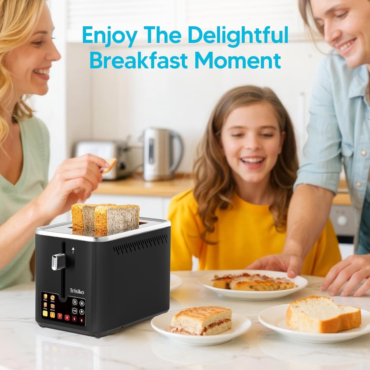 Trisiko® Touch Screen Toaster 2 Slice,Smart Toaster with Digital Timer, 1.38" Extra-Wide Slots for Bread& Bagel,with Reheat, Defrost, Cancel, +15s Boost, Great for Home, Office, Dorm (Black)