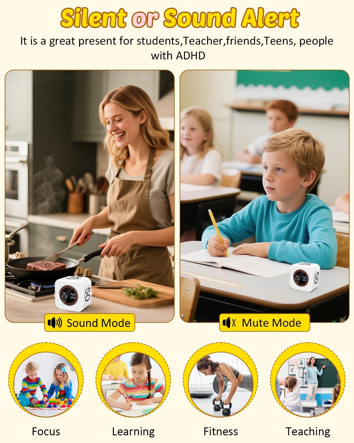Pomodoro Timer Cube Visual Productivity Flip Timer for Kids Classroom Desk, 5/10/25/50min&Custom Countdown, Silent&Sound Mode Digital Cube for ADHD Study Work School Game Kitchen (White)