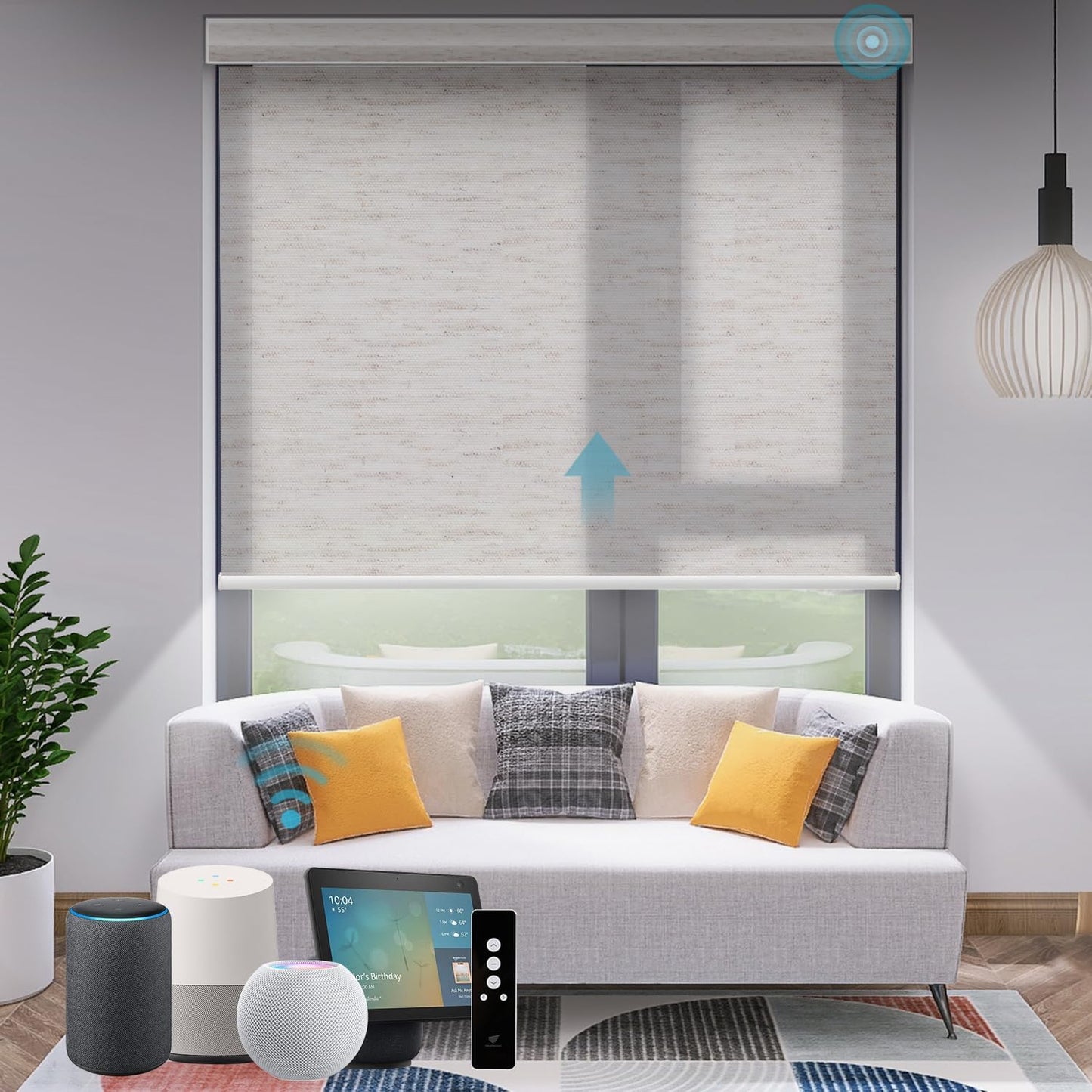 SmartWings Motorized Light Filtering Shades, Work with Matter Thread Apple Homekit, Alexa SmartThings Google, Cordless Window Shades with Remote Control, Rechargeable, Custom Size, Fabric Sample