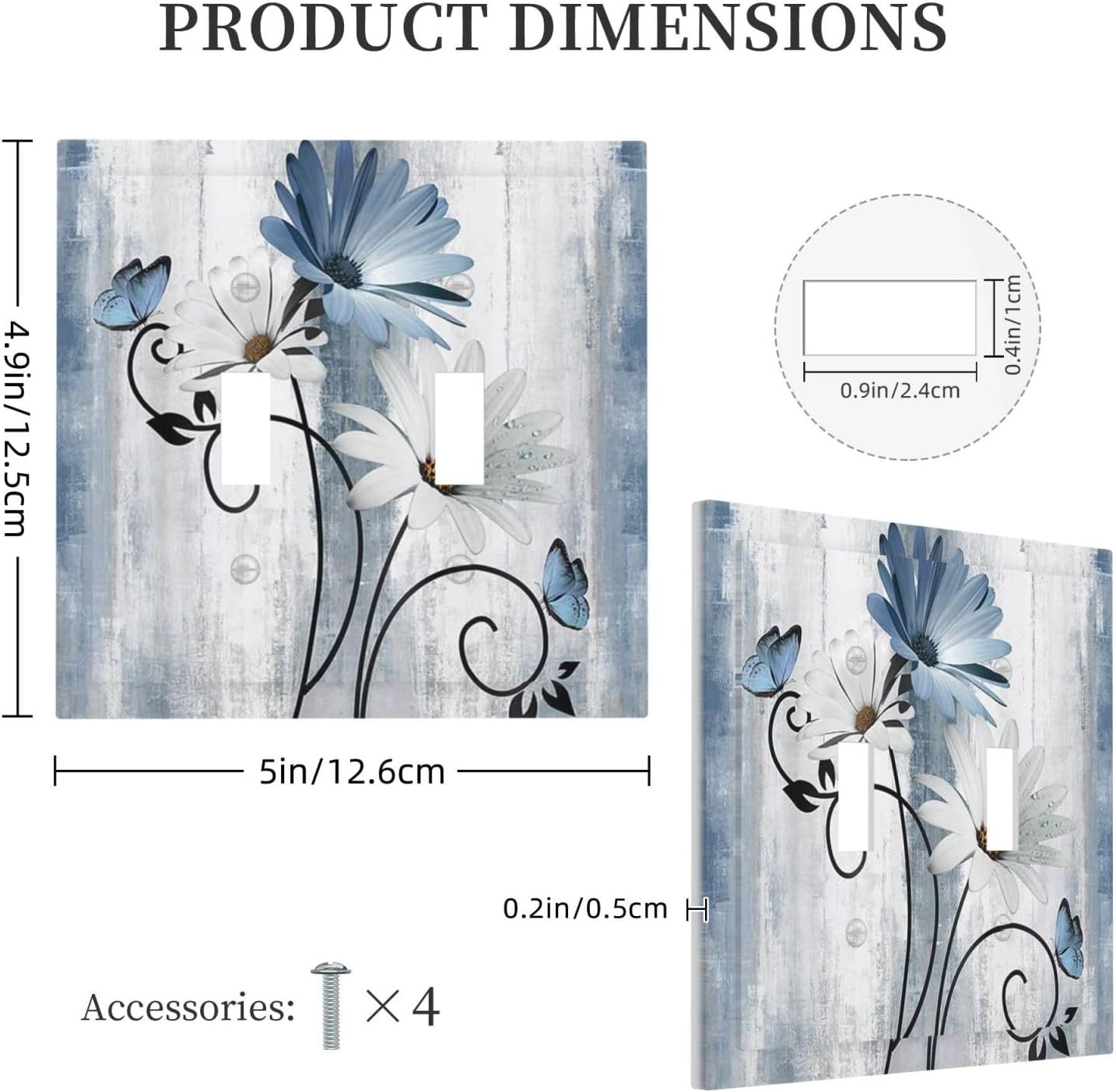 Decorative Light Switch Cover Plate Rustic Blue White Daisy Ink Flower 2 Gang Outlet Covers Double Toggle Wall Plates for Electrical Outlets Switch Plate Covers for Bedroom Home Decor