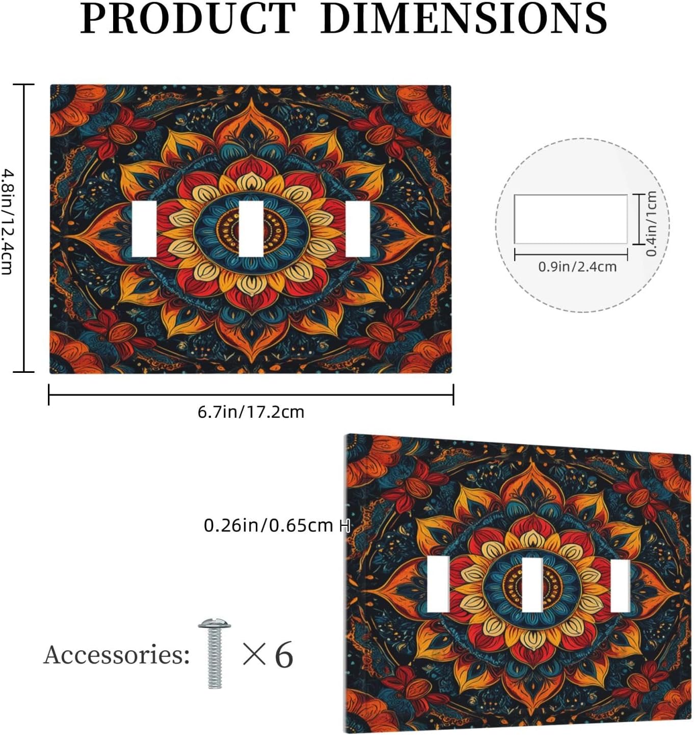 Light Switch Covers Boho Colorful Mandala 3 Gang Wall Plates Triple Toggle Outlet Cover Decorative Switchplates Electrical Panel Cover for Kitchen Living Room 4.8 X 6.7 IN