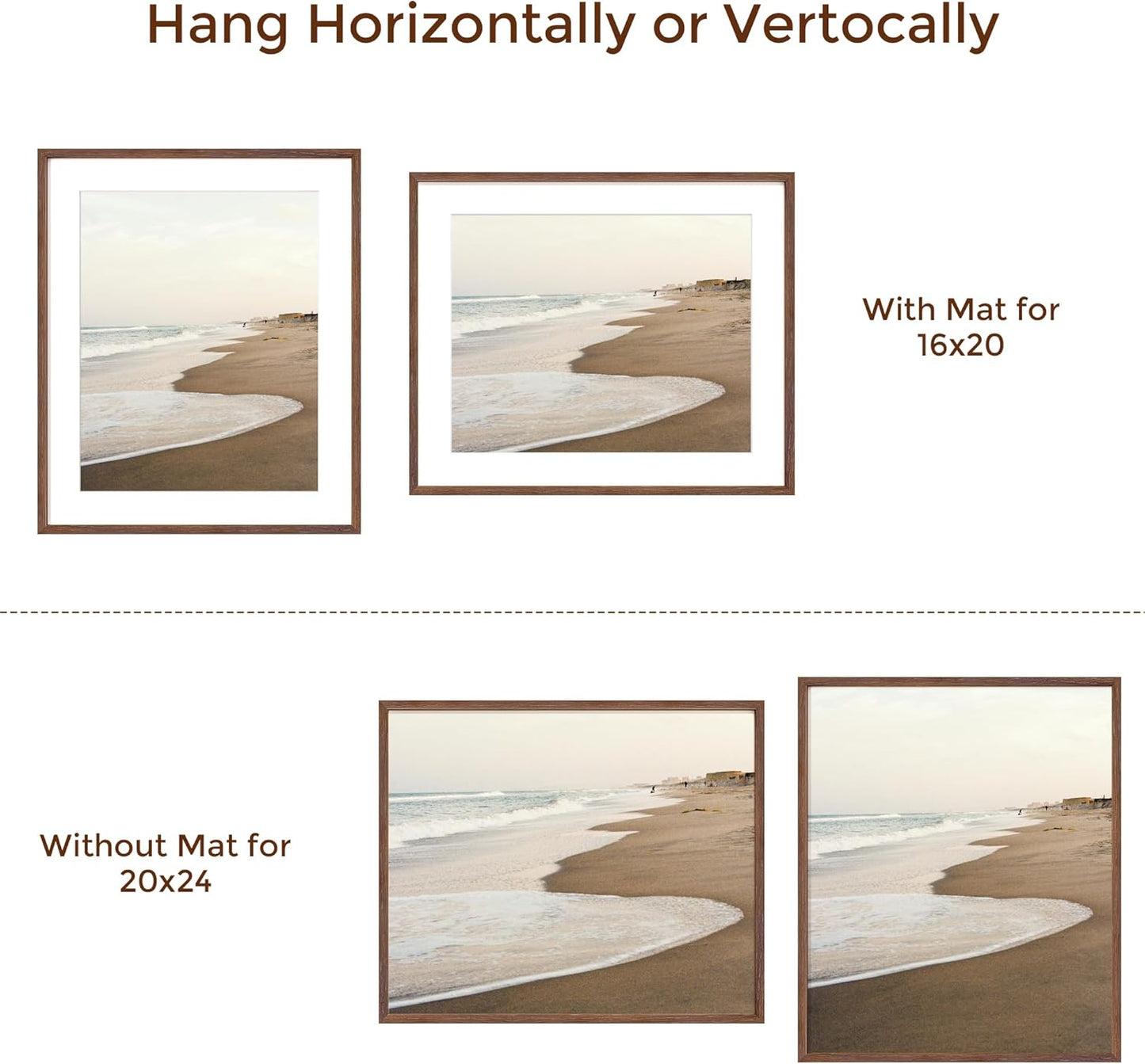 20x24 Picture Frames, Rustic Solid Oak Wood Frame 20 x 24 for Wall, Wooden 20 by 24 Photo Frames with Tempered Real Glass, 20x24 Poster Frame Matted to 16x20 (Walnut Color, 1 Pack)
