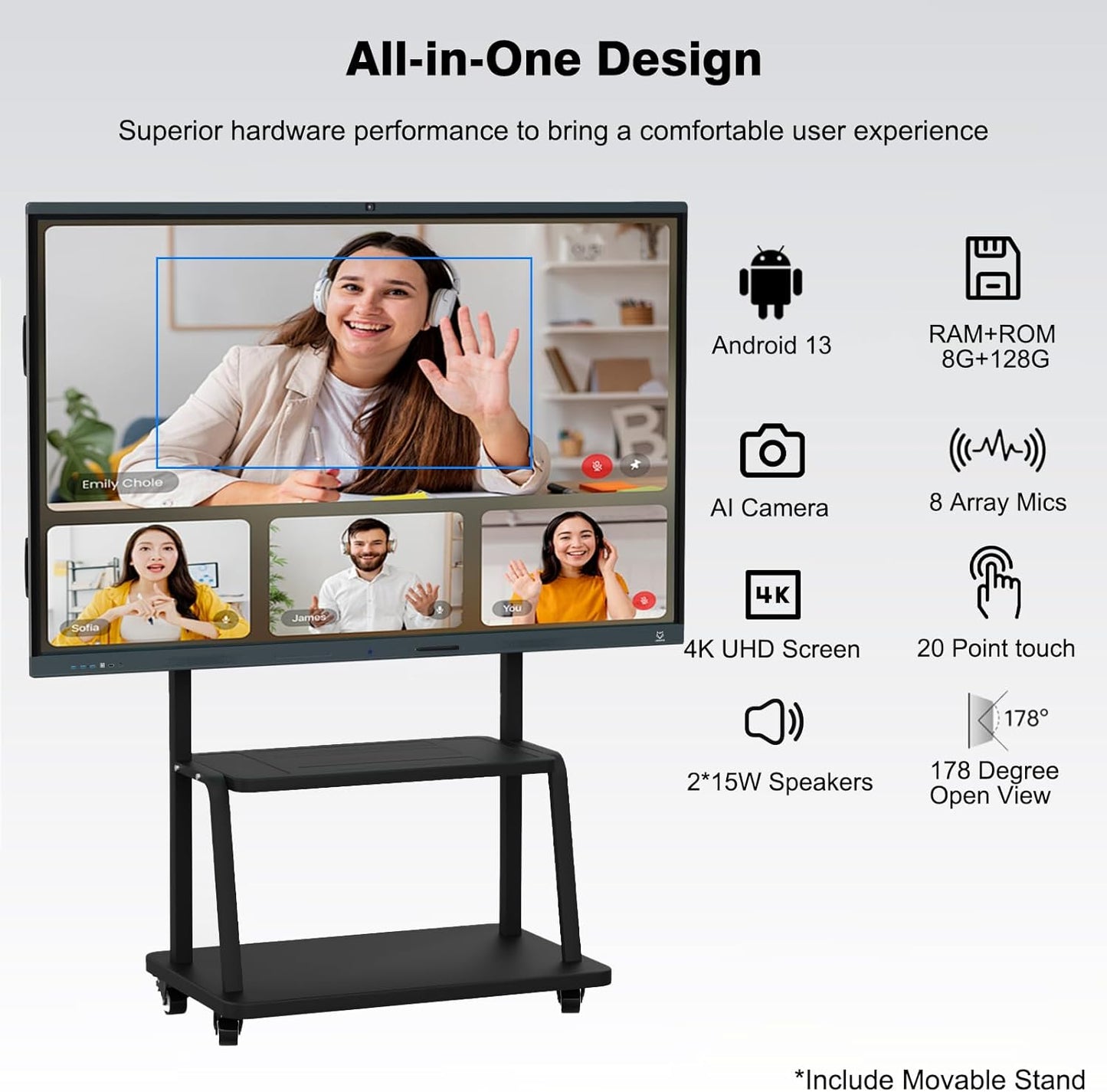 86 Inch Interactive Whiteboard, All in One Electronic Whiteboard for Classroom and Office, 4K Touchscreen Digital Smart Board with Camera and Mics (Board+Movable Stand+Wall Mount)