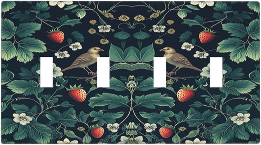 Light Switch Covers Strawberry Birds Flowers Plant Morris Floral Quad Toggle Electrical Faceplate 4 Gang Wall Plate Decorative Switch Plates for Bedroom Farmhouse Decor