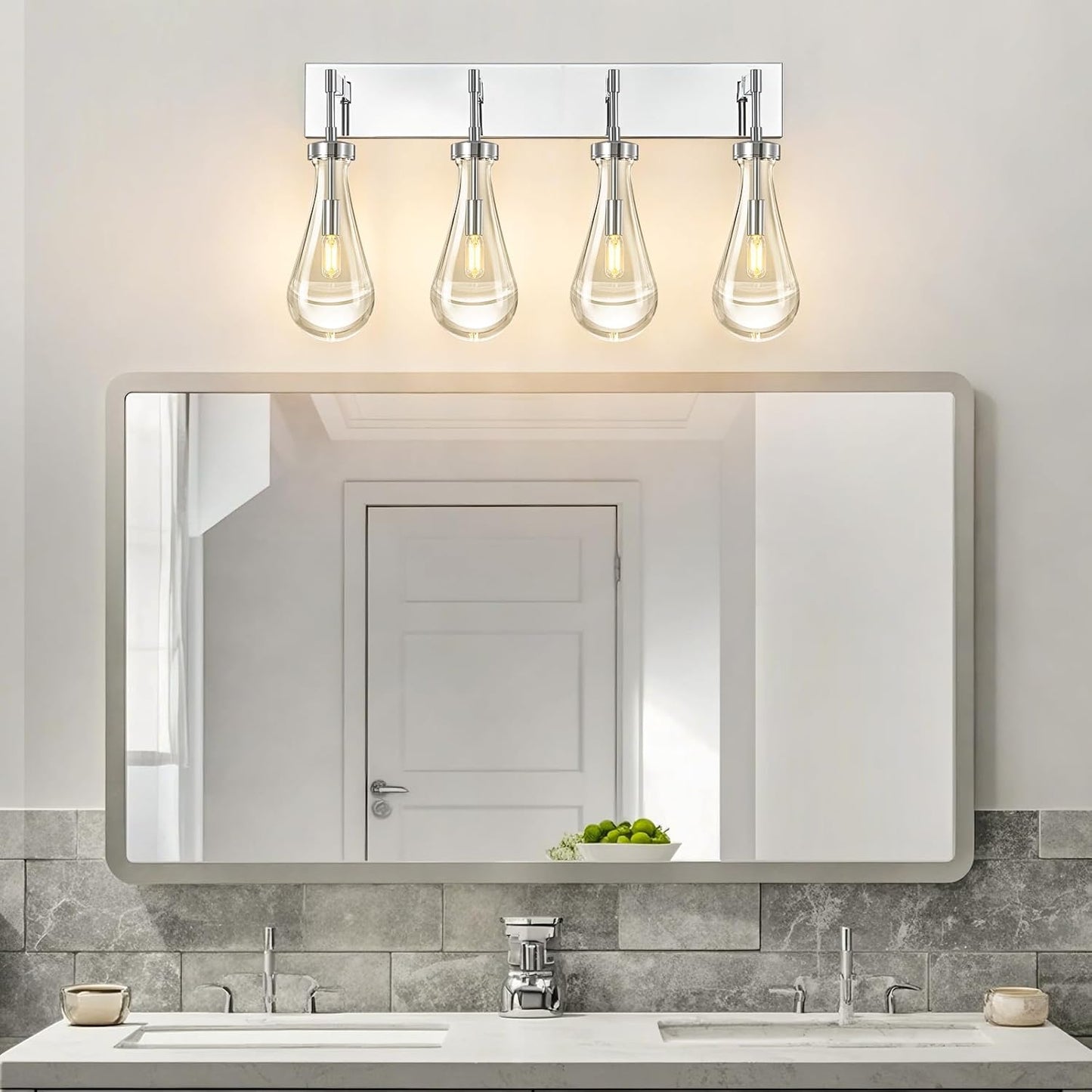 Raindrop Wall Sconces Chrome Crystal Sconces Wall Decor Modern Lighting Glass Bathroom Sconces Indoor Vanity Light Wall Lamp for Bedroom Living Room Stair(4-Light)