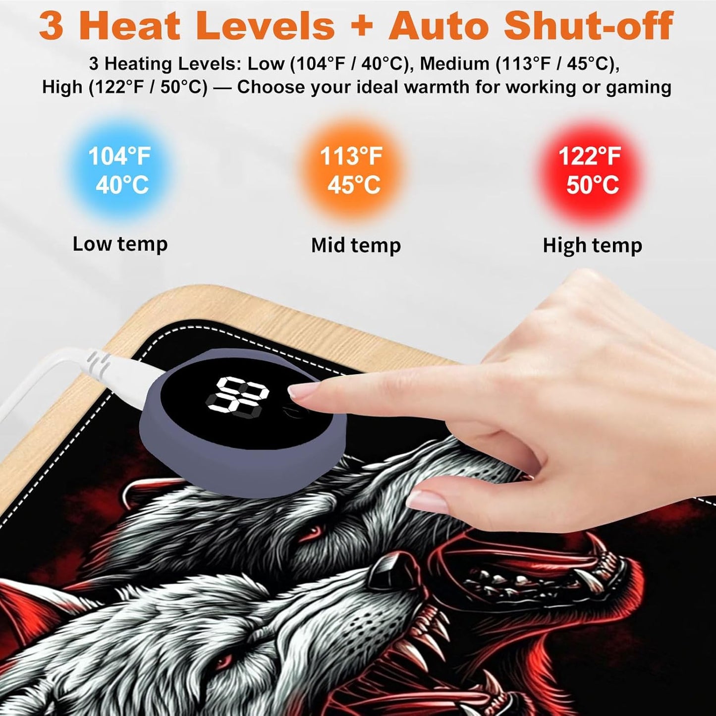Heated Mouse Pad for Desk 31.5" x 13" – PU Leather Warm Desk Pad with 3 Heat Levels (104°F/113°F/122°F), Plug-in Electric Heating Mat with Auto Shut-Off, Waterproof & Rollable, Four Wolves