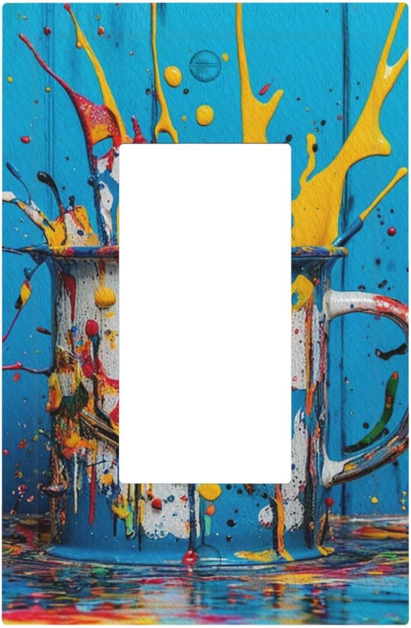 Decorative Outlet Covers Colorful Paint Splatters Blue Wood Plank 1 Gang Single Decora GFCI Device Light Switch Covers Plate 1 Rocker Wall Plate Jumbo Faceplate