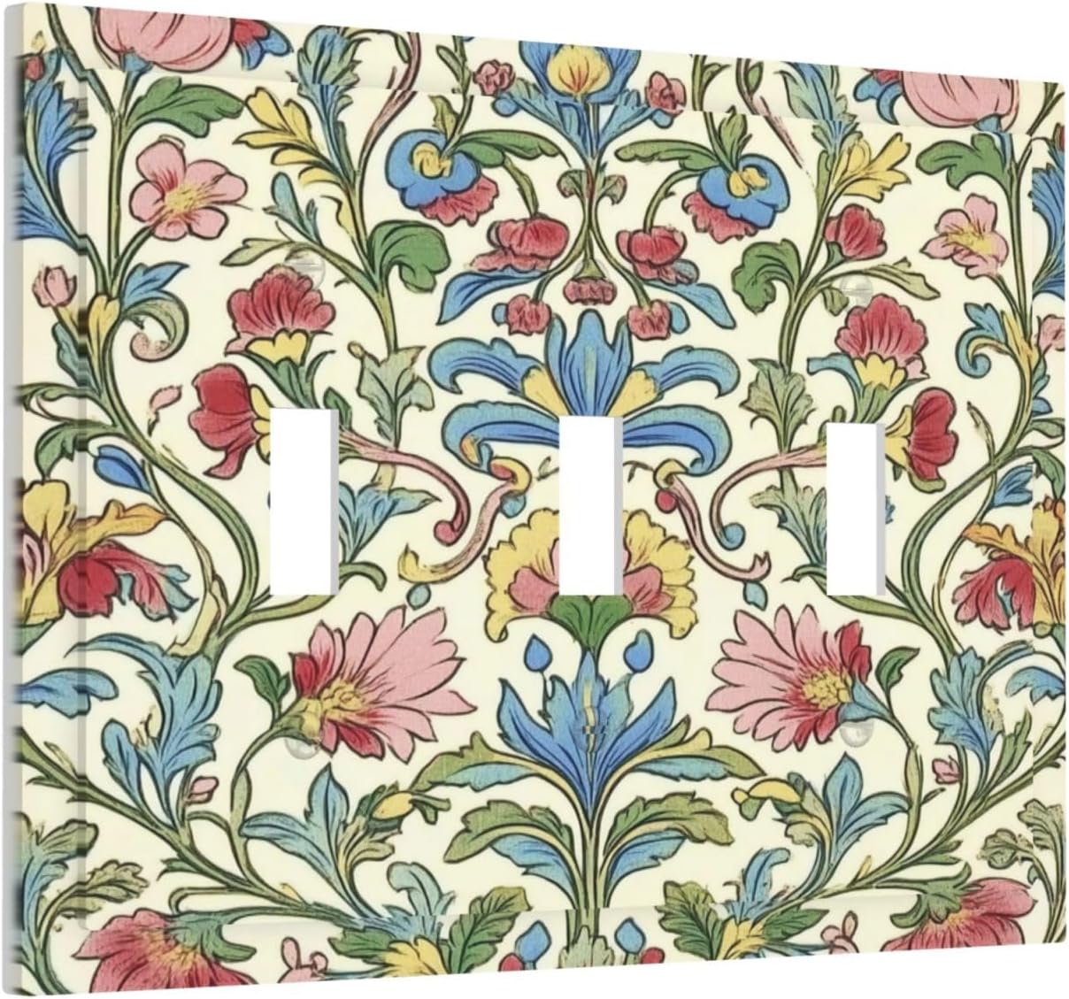 Decorative Switch Plates Boho Red Floral Morris Plant Leaves 3 Gang Wall Plate Triple Toggle Light Switch Cover Faceplate Electrical Wall Panels For Farmhouse Cabin Decor