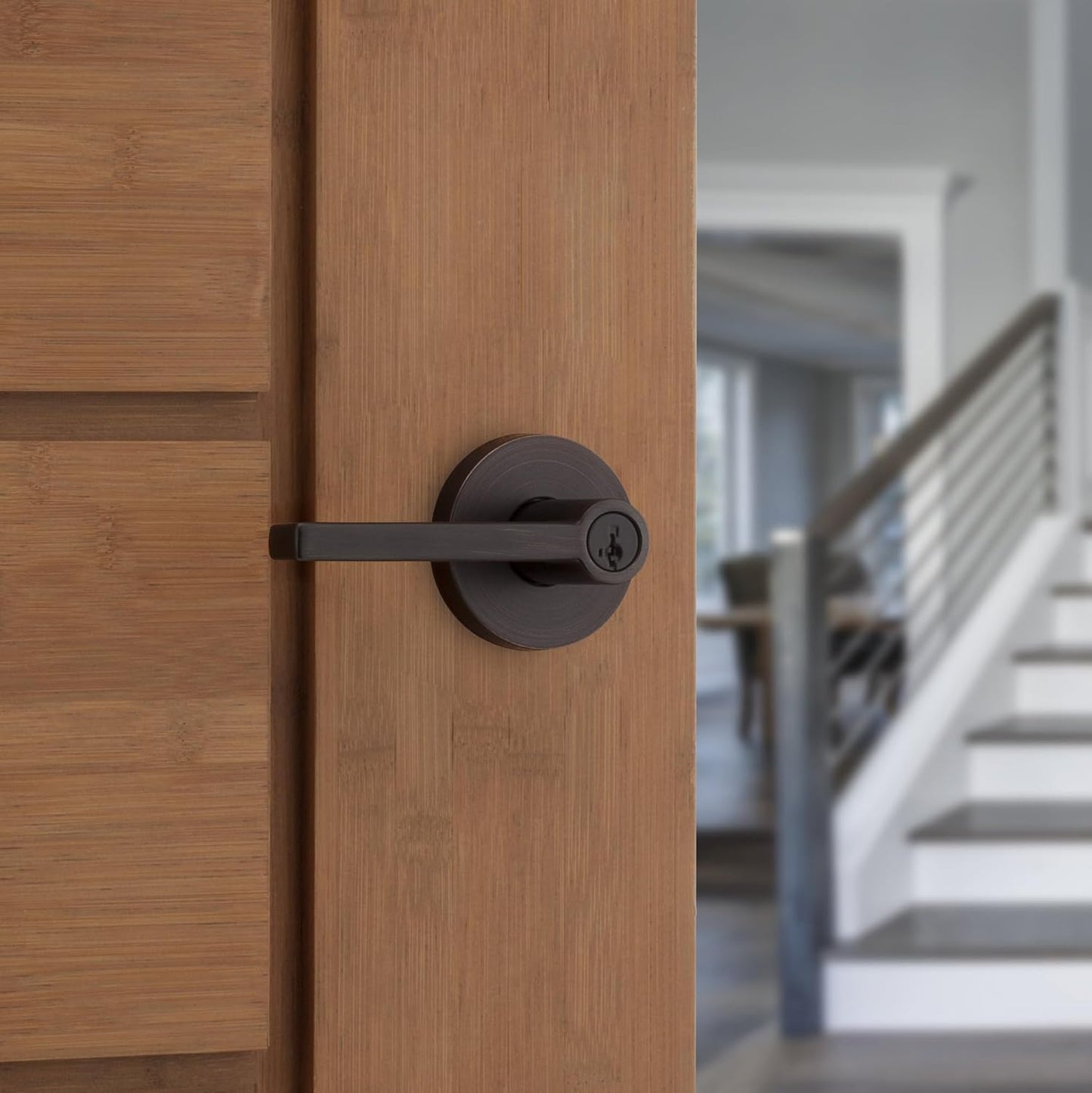 Kwikset Halifax Entry Door Handle with Lock and Key, Secure Round Keyed Reversible Lever Exterior, For Front Entrance and Bedrooms, Venetian Bronze, Pick Resistant Smartkey Rekey Security and Microban